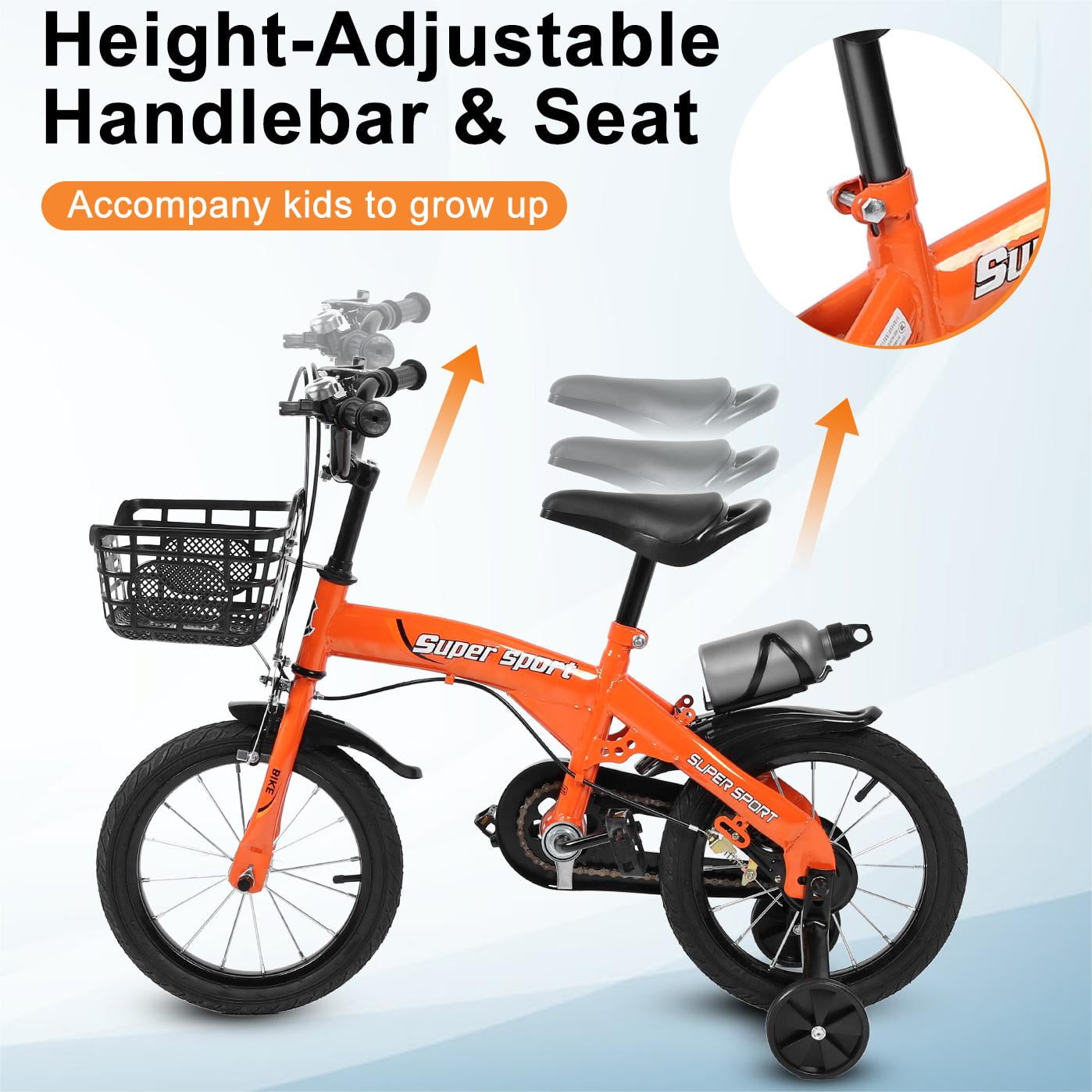 16 Kids Bike with Training Wheels, Height Adjustable Kid's Bicycle with Basket/Water Bottle/Inflator/Bell, Gifts for Girls Boys Toddlers Kids 3-8 YO