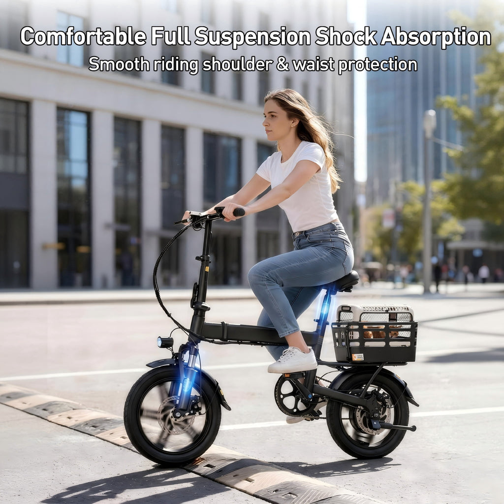 XKJ Electric Bike for Adults, Ebike, Electric Bicycle with 48V 12AH Battery,14 Folding Ebike for Teens, 21MPH,20+ Miles(MAX),500W Motor,Multi-Shock Absorption,Mini E Bikes with Baskets,UL2849