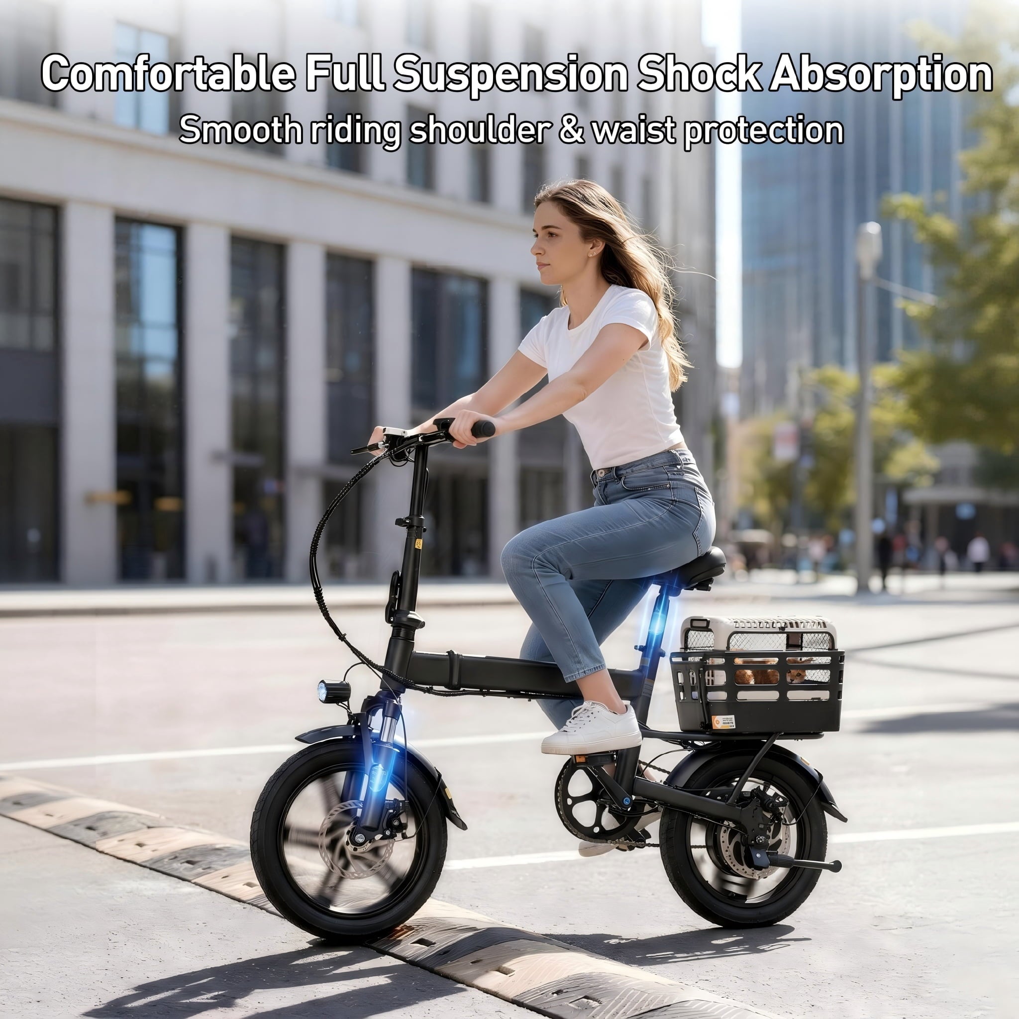 XKJ Electric Bike for Adults, Ebike, Electric Bicycle with 48V 12AH Battery,14 Folding Ebike for Teens, 21MPH,20+ Miles(MAX),500W Motor,Multi-Shock Absorption,Mini E Bikes with Baskets,UL2849