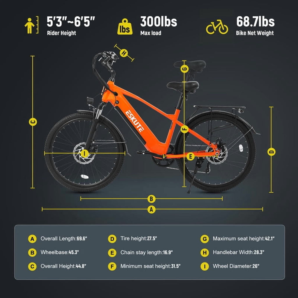ESKUTE C200 70-Mile Electric Bike for Adults with 840Wh Removable Battery, 1300W Peak Power Ebike, Up to 28MPH Speed, 26 Tires, 7-Speed Adjustable Stem Step-Over E-Bicycle,Orange, UL2849