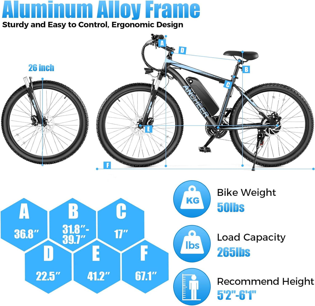 ANCHEER Electric Bike ,26 Electric Bike for Adults Electric Bicycles, 500W Electric Mountain Bike, 48V Commuter Ebike 48V Battery Ebike UL 2849, Lockable Suspension Fork, Shimano 21 Speed