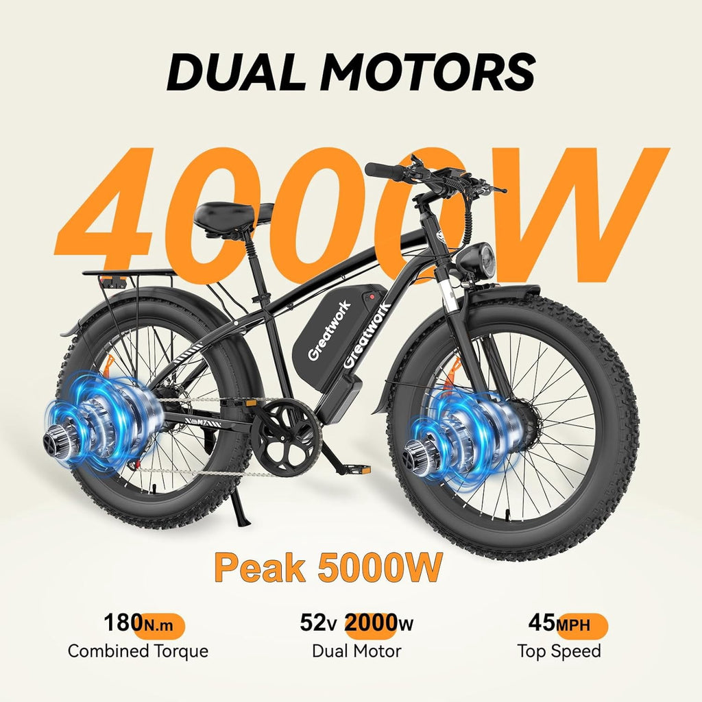 26 Electric Bike for Adult,5000w Dual Motors,up 100 Miles 52V 25Ah Ebike,26 x 4.0 Fat Tire Adult Bicycles for All Terrain,Mountain Commuter UL2849