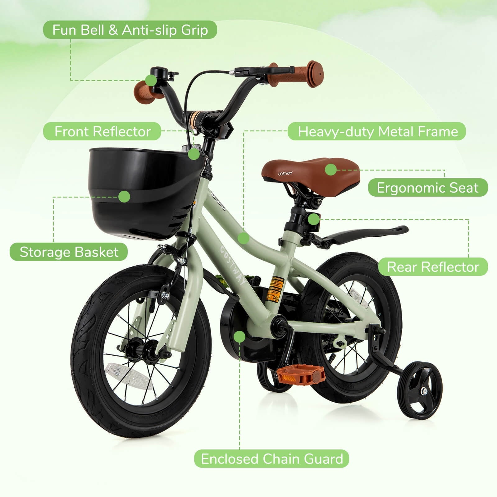 Costway 12 Kid’s Bike with Training Wheels Adjustable Handlebar & Seat Handbrake Green