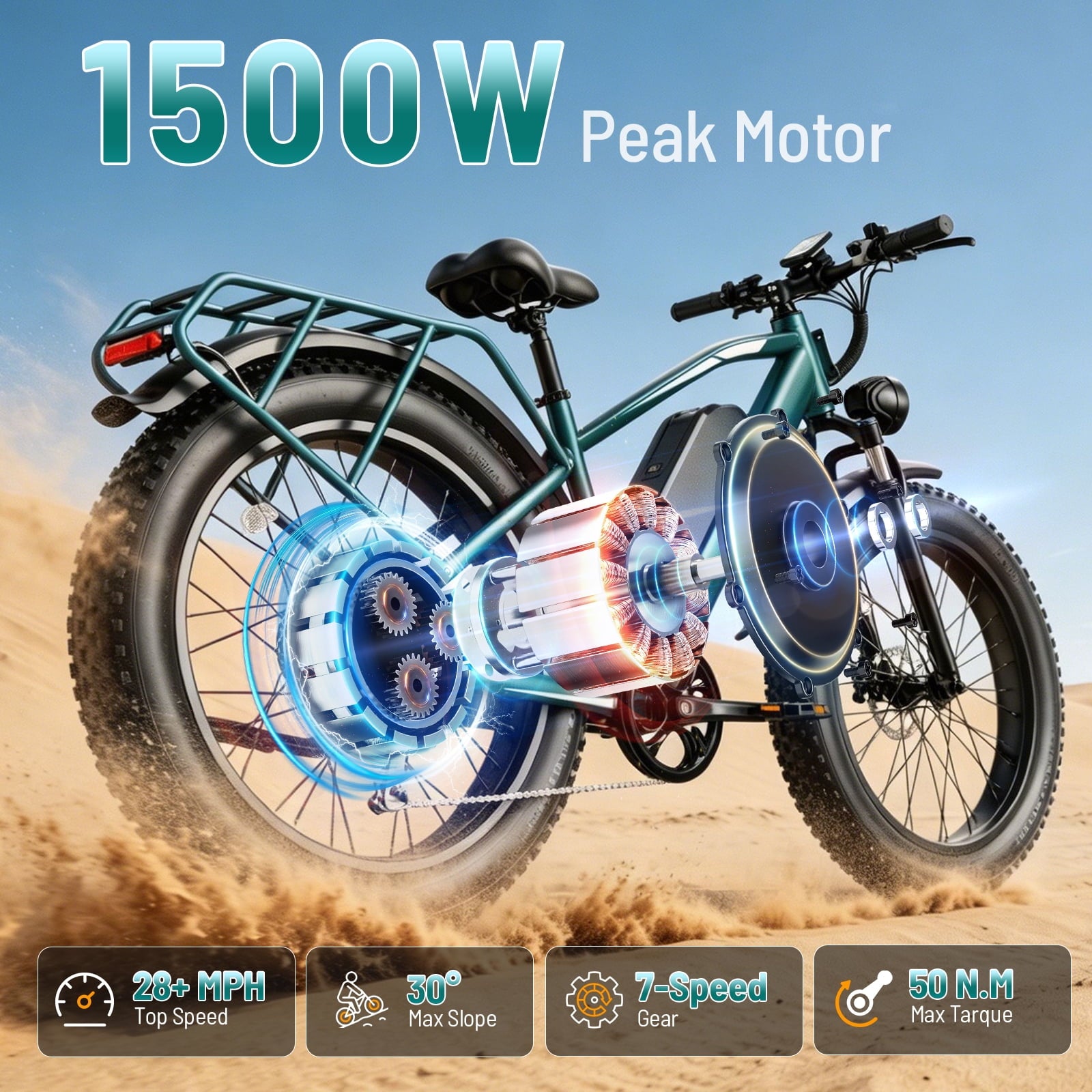 YareYi Electric Bike for Adults 26, 2000W Peak E-Mountain Bicycle, 28MPH Fat Tire Ebike, 48V 15Ah Removable Battery, 7 Speed and Front Suspension with Rear Rack UL2849