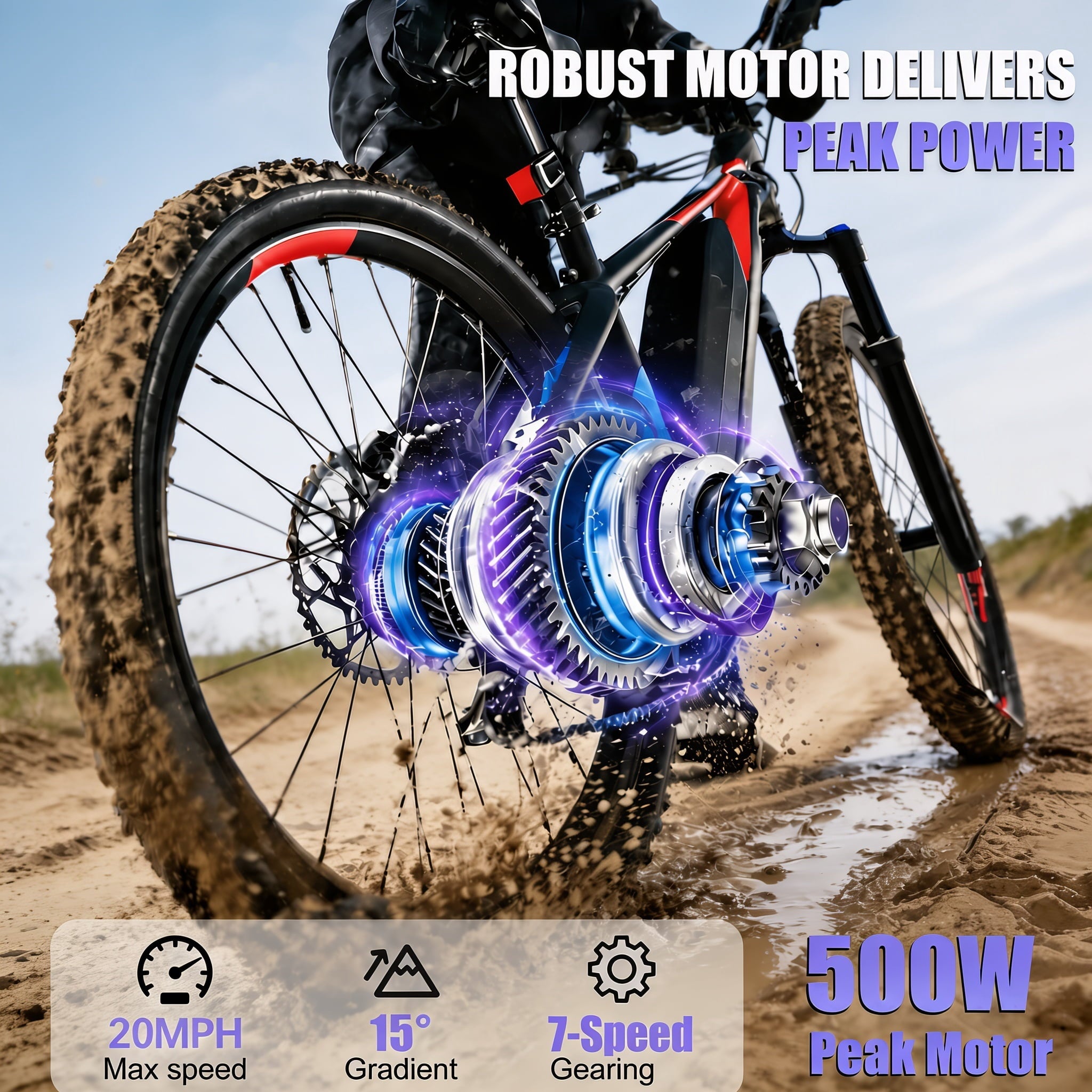 26’’ Electric Mountain Bike for Adults, 500W Peak Motor, 36V 12Ah Removable Waterproof Battery, 20 MPH, 30 Miles Range, 7-Speed Suitable for Mountain, Commuting, Shopping, or Trip, UL 2849