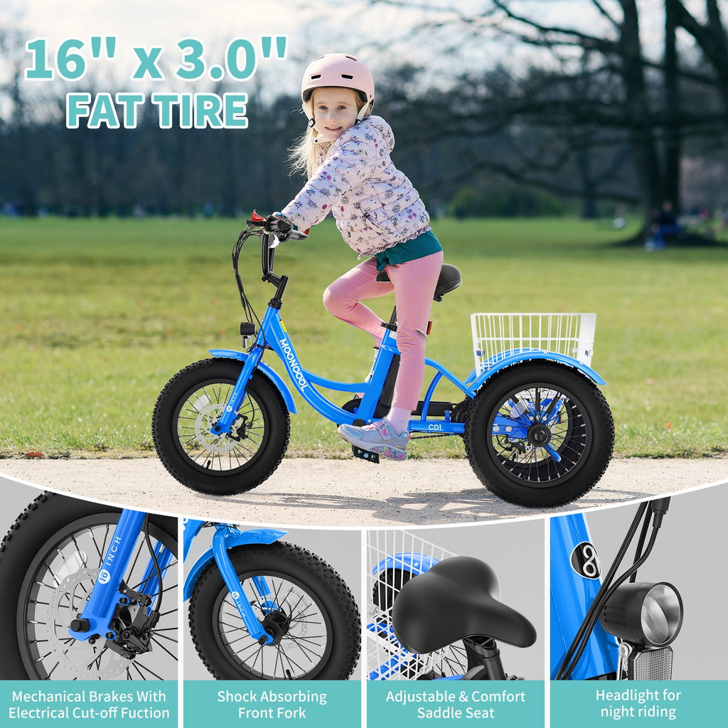 MOONCOOL Electric Tricycle for Kids ,16x3 3 Wheel 250W 10.4Ah Etrike W/ LED headlight & Rear Basket & horn bell & DIY stickers，6/9/12.5 MPH