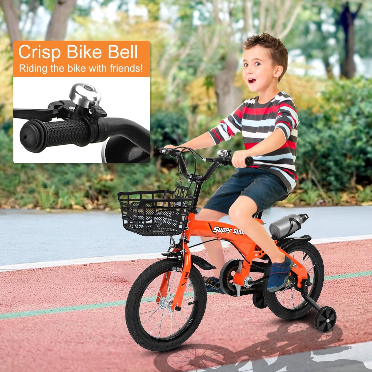 16 Kids Bike with Training Wheels, Height Adjustable Kid's Bicycle with Basket/Water Bottle/Inflator/Bell, Gifts for Girls Boys Toddlers Kids 3-8 YO