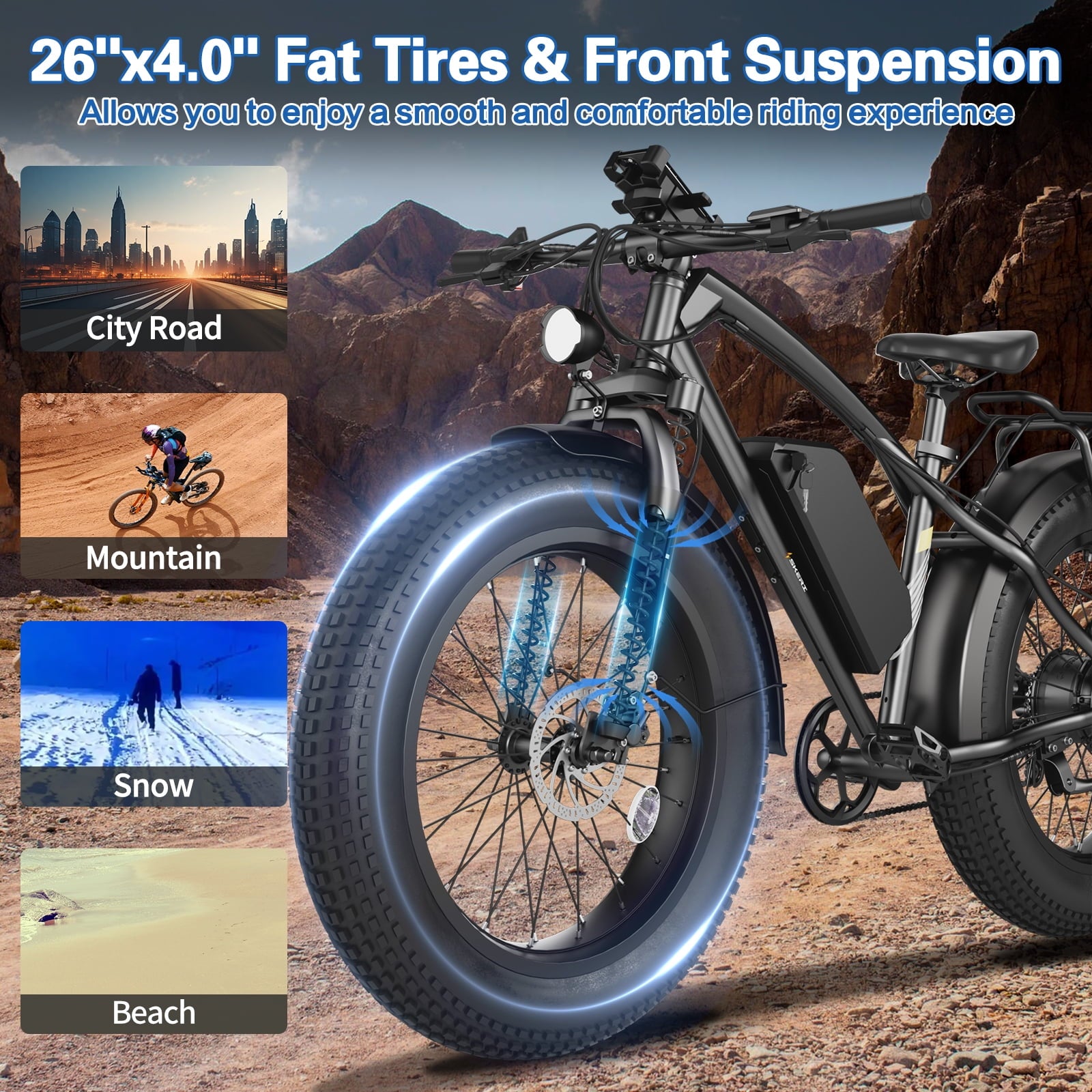 Skeri Electric Scooter, Electric Bike with Bright Front/Rear Lights, 500W (Peak 1000) Motor, 48V 15.6Ah 25MPH 60 Miles