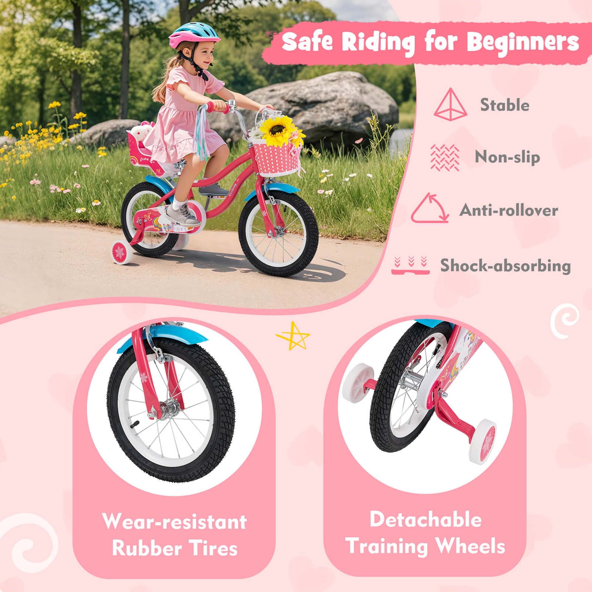 Costway 18 Inches Kids Bicycle with Training Wheels & Basket for Girls Age 4-8 Years Pink