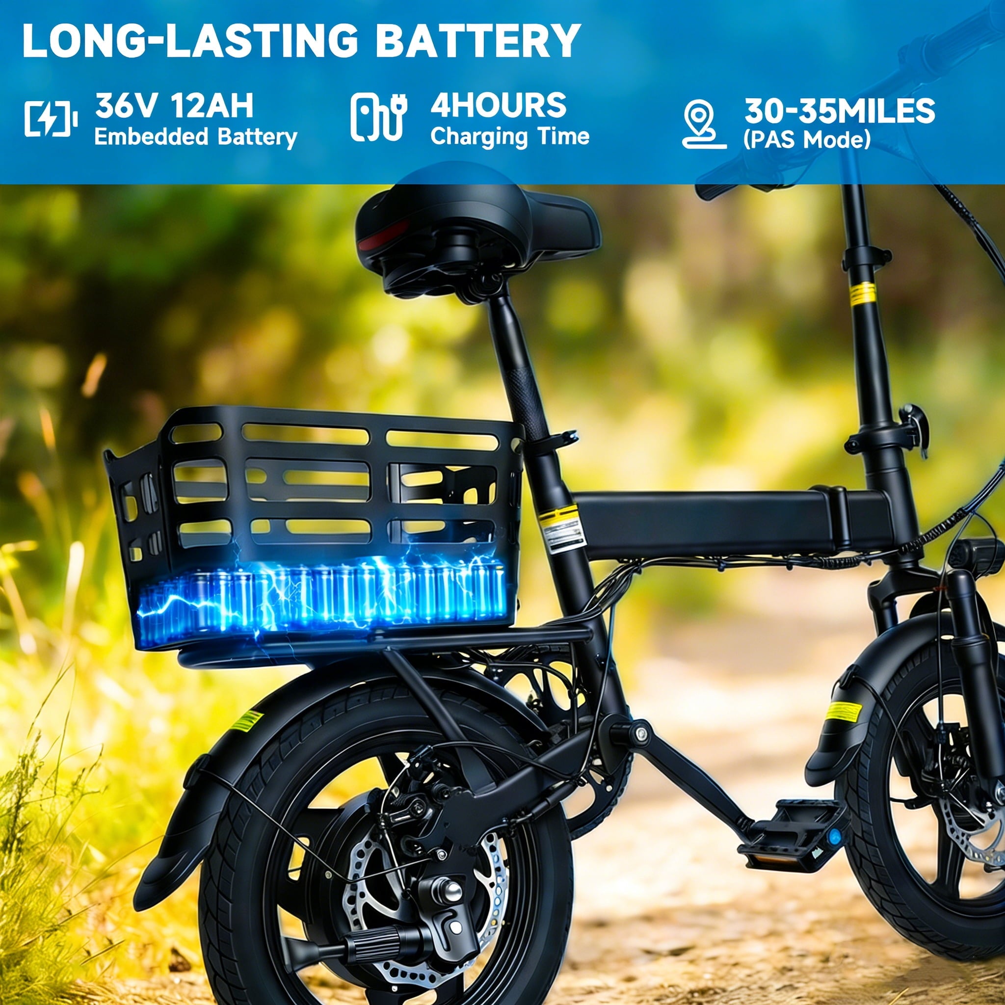 OwnGold 14IN Folding Electric Bicycles for Adults Teens with Basket,500W Peak Motor Up to 20 mph Range 30 Miles,36V 12Ah Removable Battery,Commuter/Shopping Mini Ebike,UL 2849