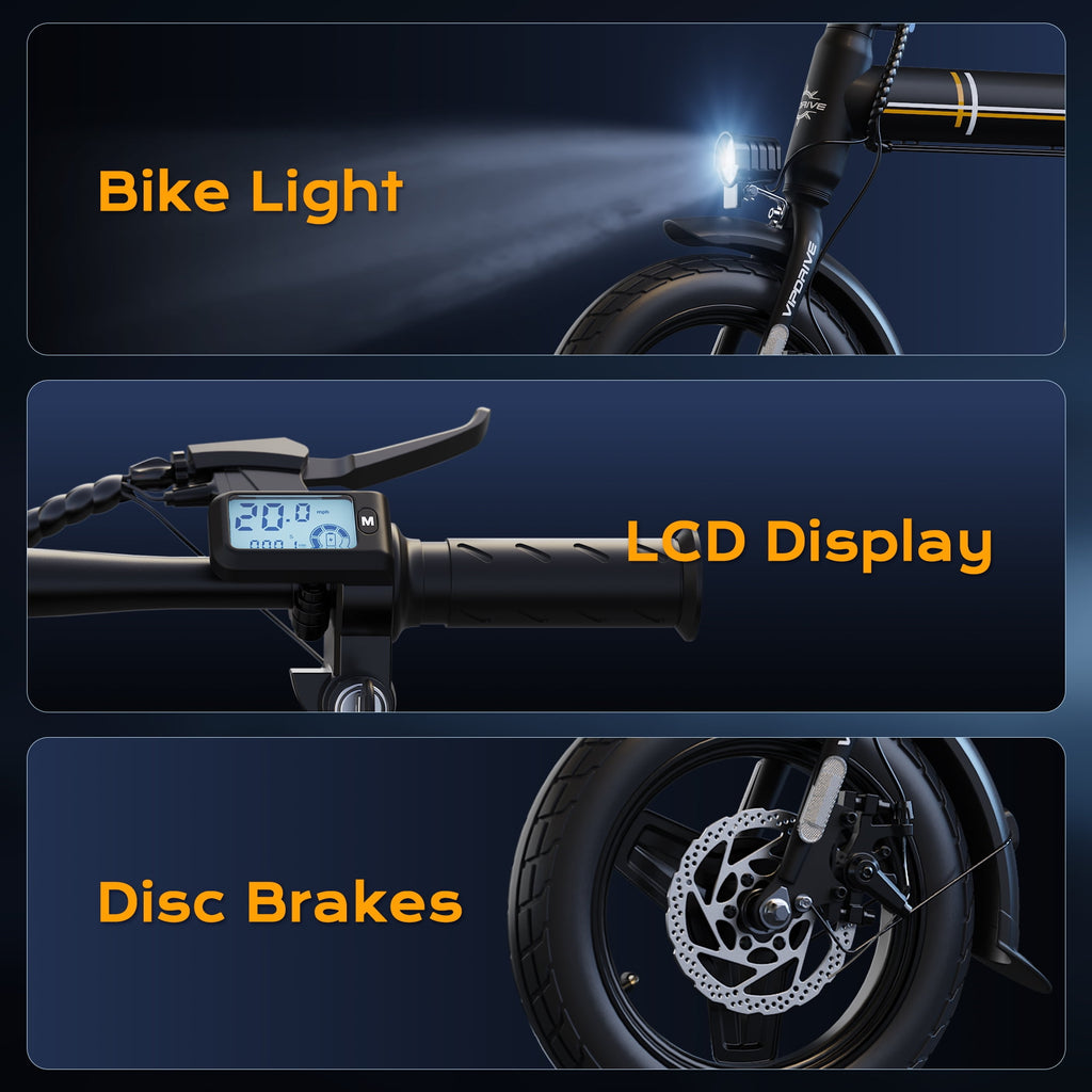 VIPDRIVE Electric Bike, 14 Folding EBike for Adults, 500W Peak Motor, 36V 7.8Ah Battery, 20MPH City Commuter E-Bike, Mini Ebike, LCD Display, UL2849
