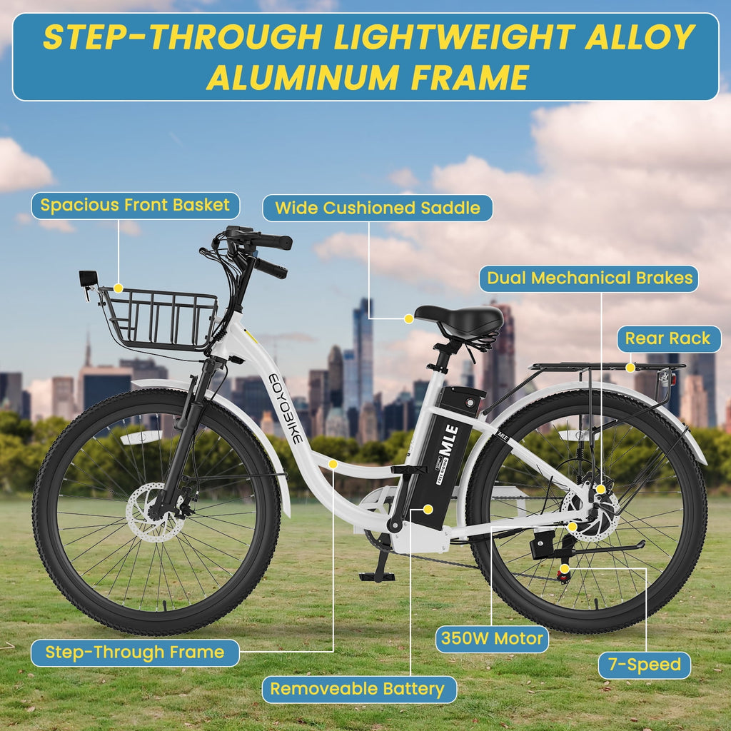 MOONCOOL Electric Bicycle for Adults 350W , 7-Speed Ebike with 36V 10.4Ah Removable Battery， 40 Miles Range , 20 mph Electric Commuter Bike for Women Men