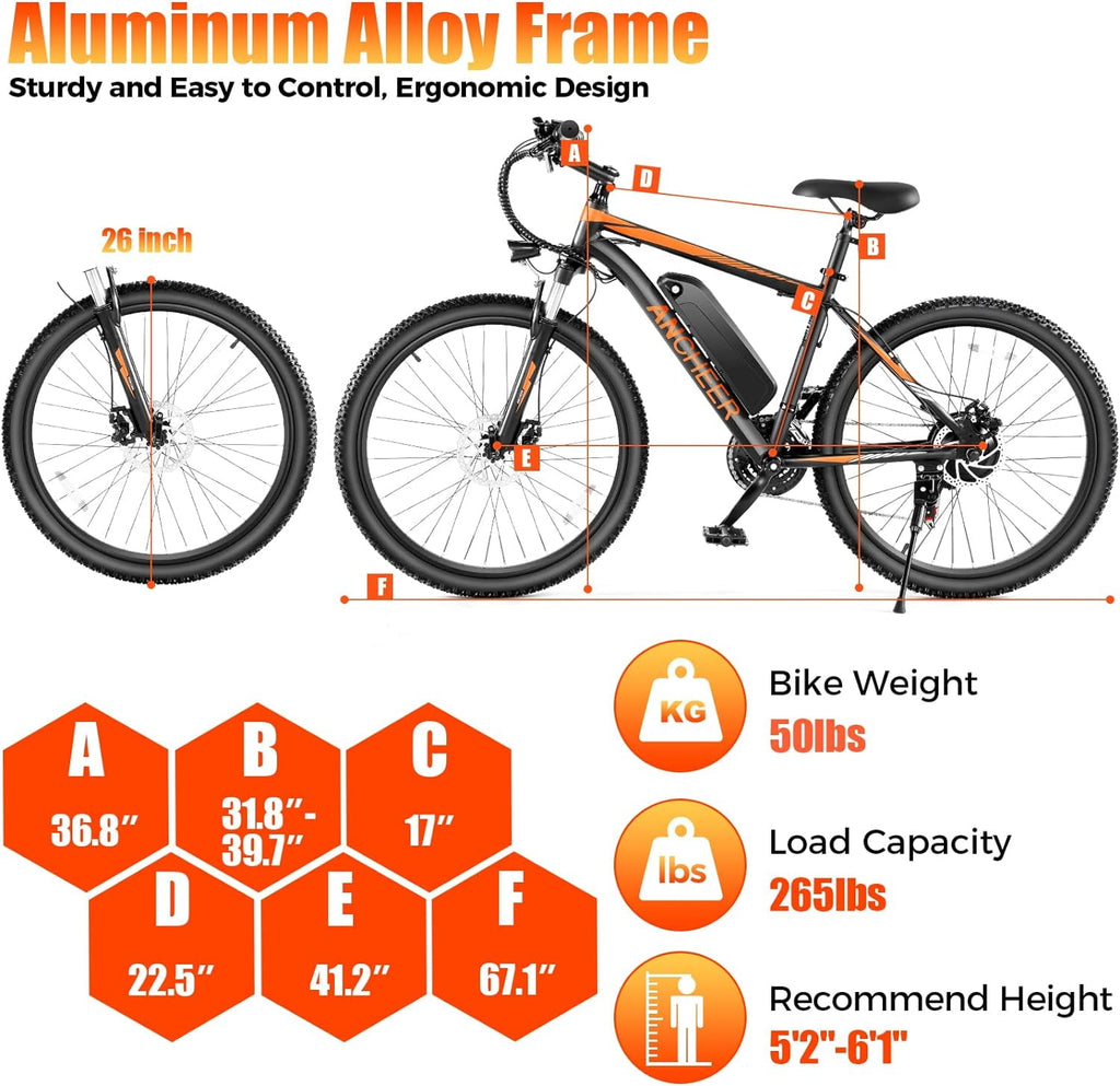 ANCHEER Electric Bike ,26 Electric Bike for Adults Electric Bicycles, 500W Electric Mountain Bike, 48V Commuter Ebike 48V Battery Ebike UL 2849, Lockable Suspension Fork, Shimano 21 Speed