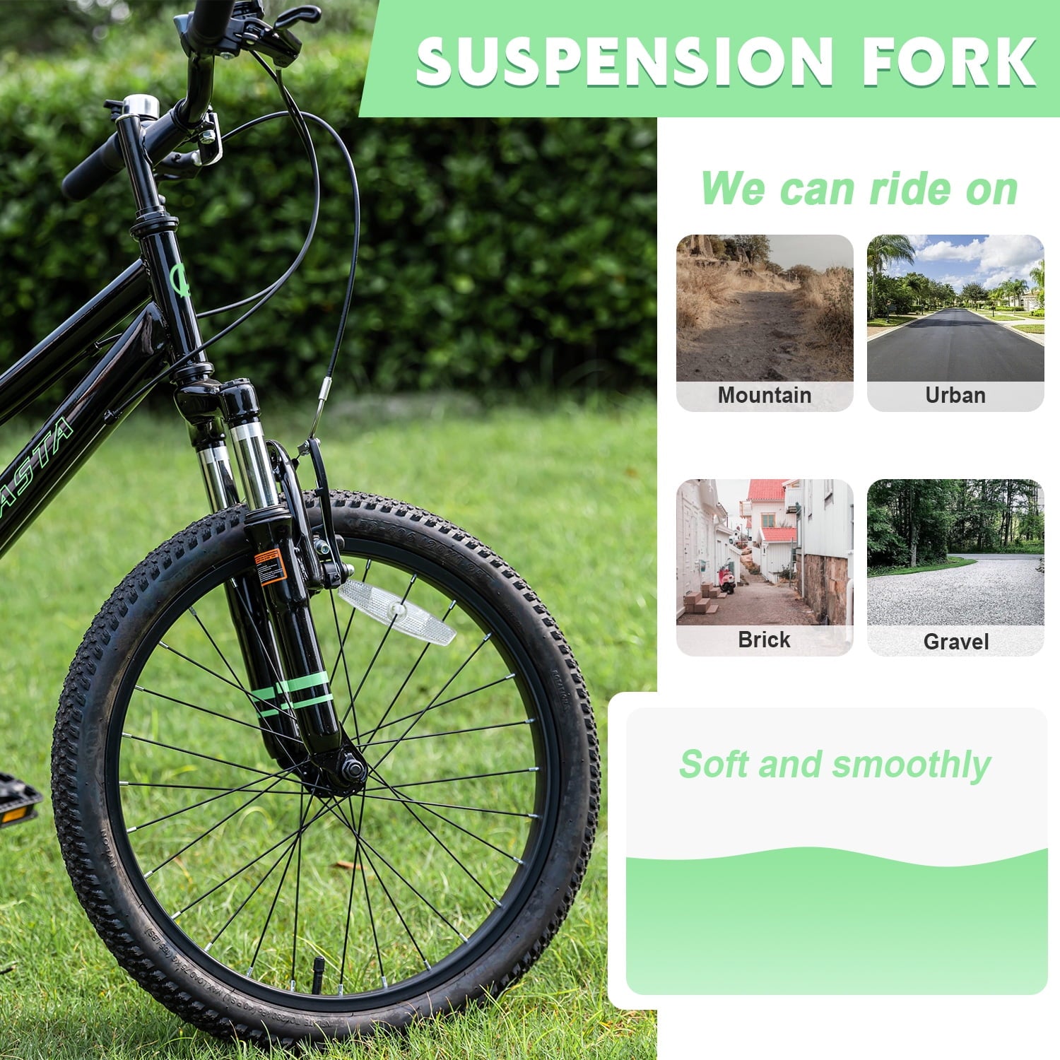 AVASTA 20'' Big Kids Mountain Bike for Age 6 7 8 9 10 11 12 Years Old Boys Girls Teen with Suspension Fork Front & Rear Dual Hand Brakes 6 Speeds Drivetrain, Green