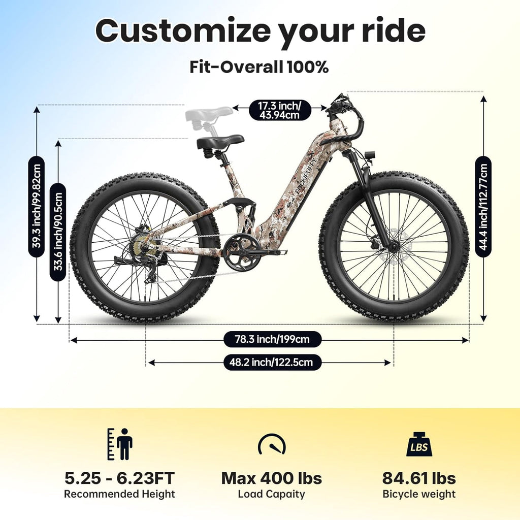 PUCKIPUPPY 26 Electric Bikes for Adults 960W Peak Step Through E-Bikes up to 80Miles Range 48V 20AH Battery Full Suspension Ebike 28 mph Max Speed Fat Tire E-Mountain Bike 7 Speed, UL2849 by SGS
