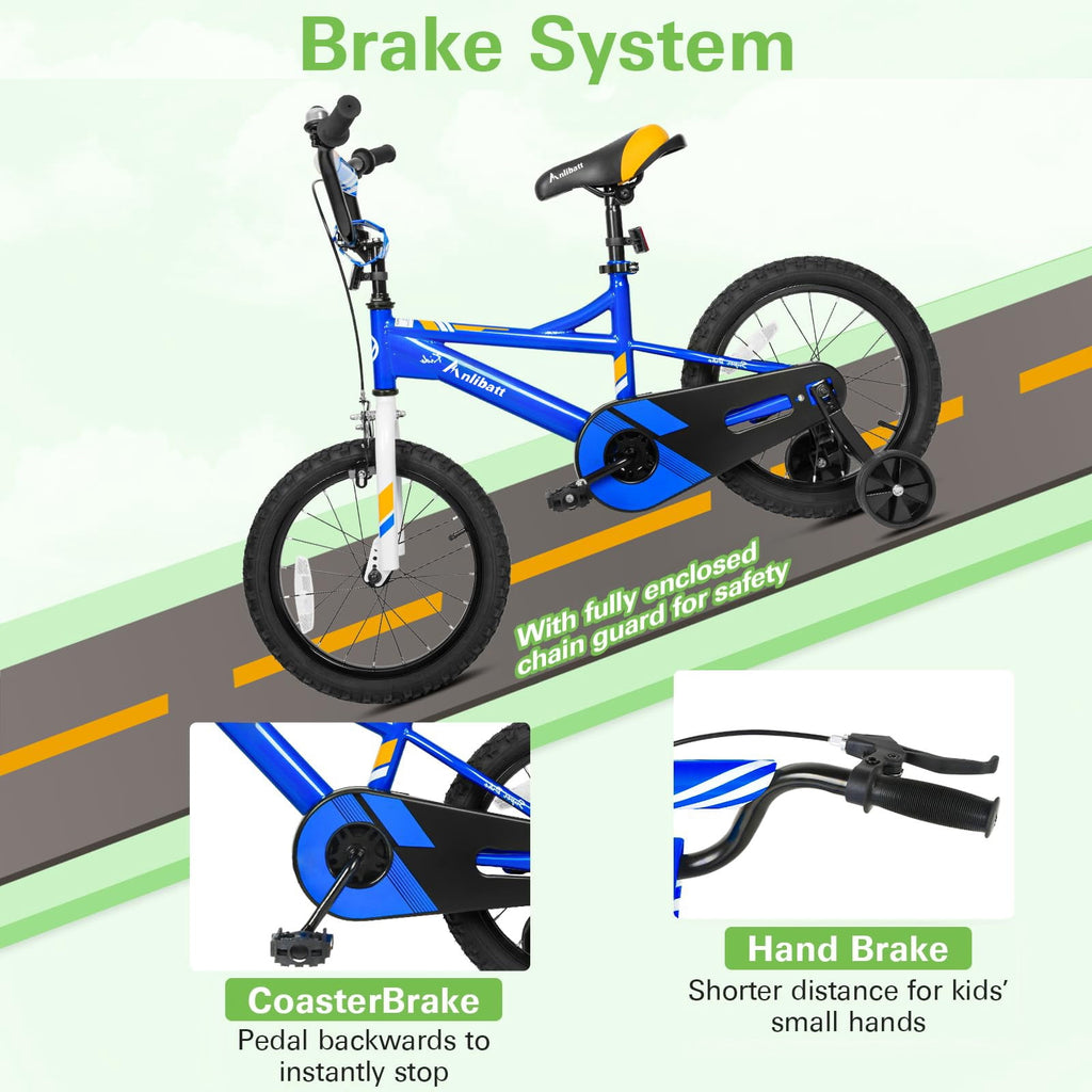 Anlibatt Kids Bike Boy Bicycle 16 inch for Children Age 4-6 Years Old Height 38-48 in Toddler Cycling Dual Hand Brakes Blue Sport Bikes