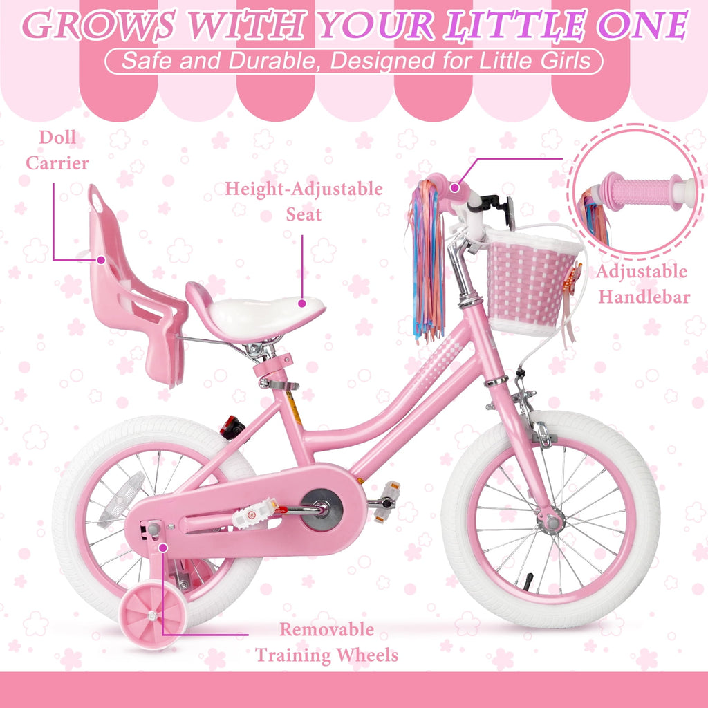 XJD Girls Bike for Toddlers 3-9 Years Old Kids, 14 Inch Kids Bike with Training Wheels, Streamers, Basket and Doll Seat, Children Bicycles with Handbrake