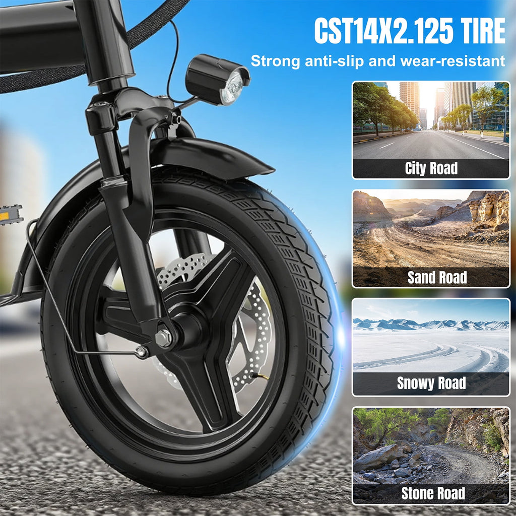 14 In Adult Folding Electric Bike - 48V 740W Peak Motor, 15Ah Battery, With 11 Shock Absorbers, Range Of 25-35 Miles, Maximum Load Capacity Of 330 Lbs, Portable Folding Design Black