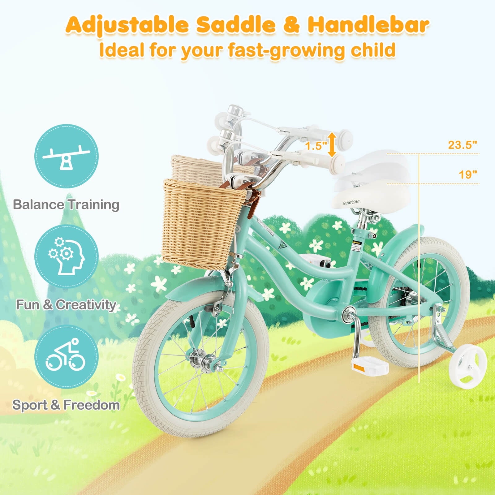 Costway 16 Kid’s Bike with Training Wheels Adjustable Handlebar Seat Handbrake Pink