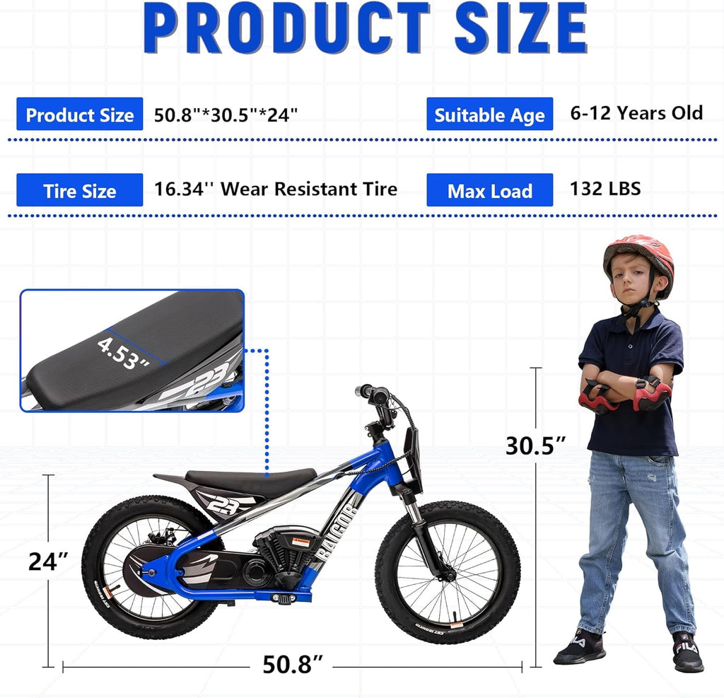 NEORIVER Electric Dirt Bike for Kids Ages 6-12, 250W Electric Motorcycle Up to 15.5MPH, 24V Detachable Battery, 16'' Inflatable Tire Electric Balance Bike with Kickstand