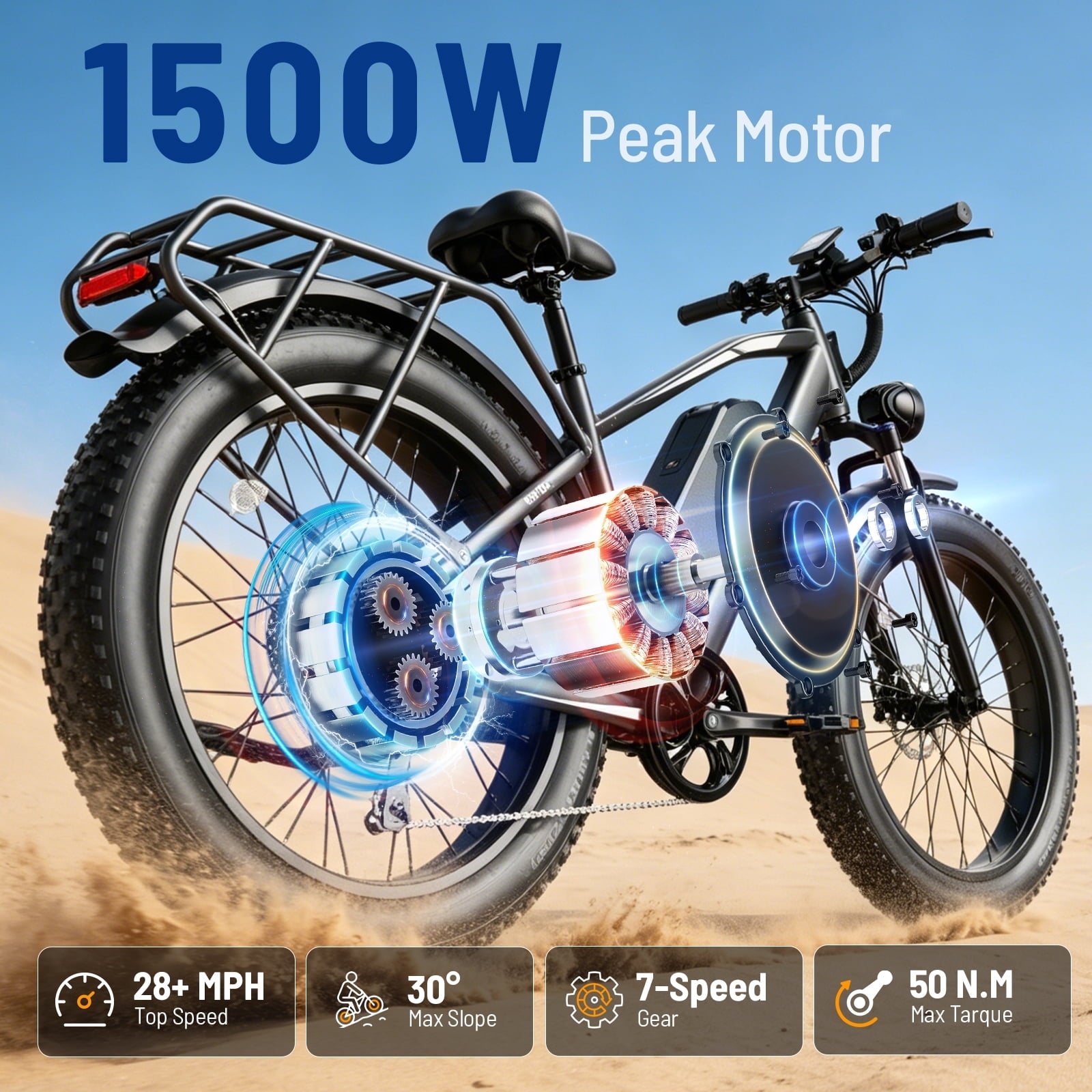 YareYi Electric Bike for Adults 26, 2000W Peak E-Mountain Bicycle, 28MPH Fat Tire Ebike, 48V 15Ah Removable Battery, 7 Speed and Front Suspension with Rear Rack UL2849