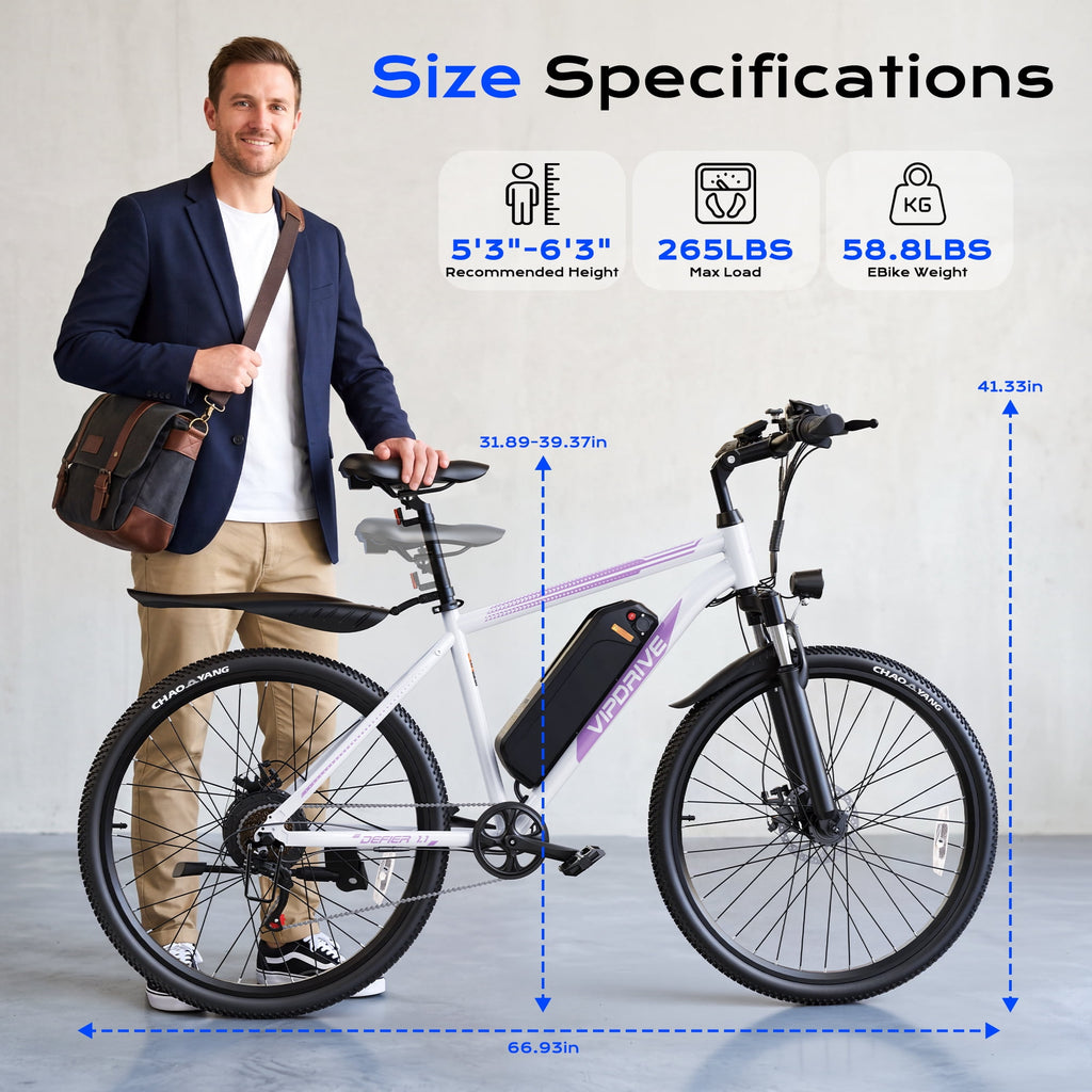 VIPDRIVE Electric Bike for Adults, 26'' 750W Peak Ebike, 48V 7.8AH Removable Battery，Up to 40 Miles 20MPH Electric Mountain Bike，Front Fork Suspension，UL2849