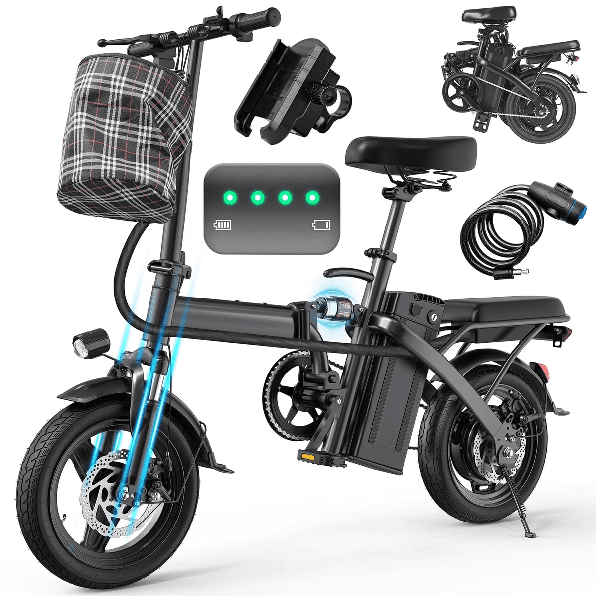 14 Inch Folding Electric Bicycle, 400W Adult Electric Bicycle, 48V 10.4Ah,Top Speed 19.9 Mph, Dual Disc Brake Safety System, 3-Speed Riding, Front Fork With Shock Absorption, Black