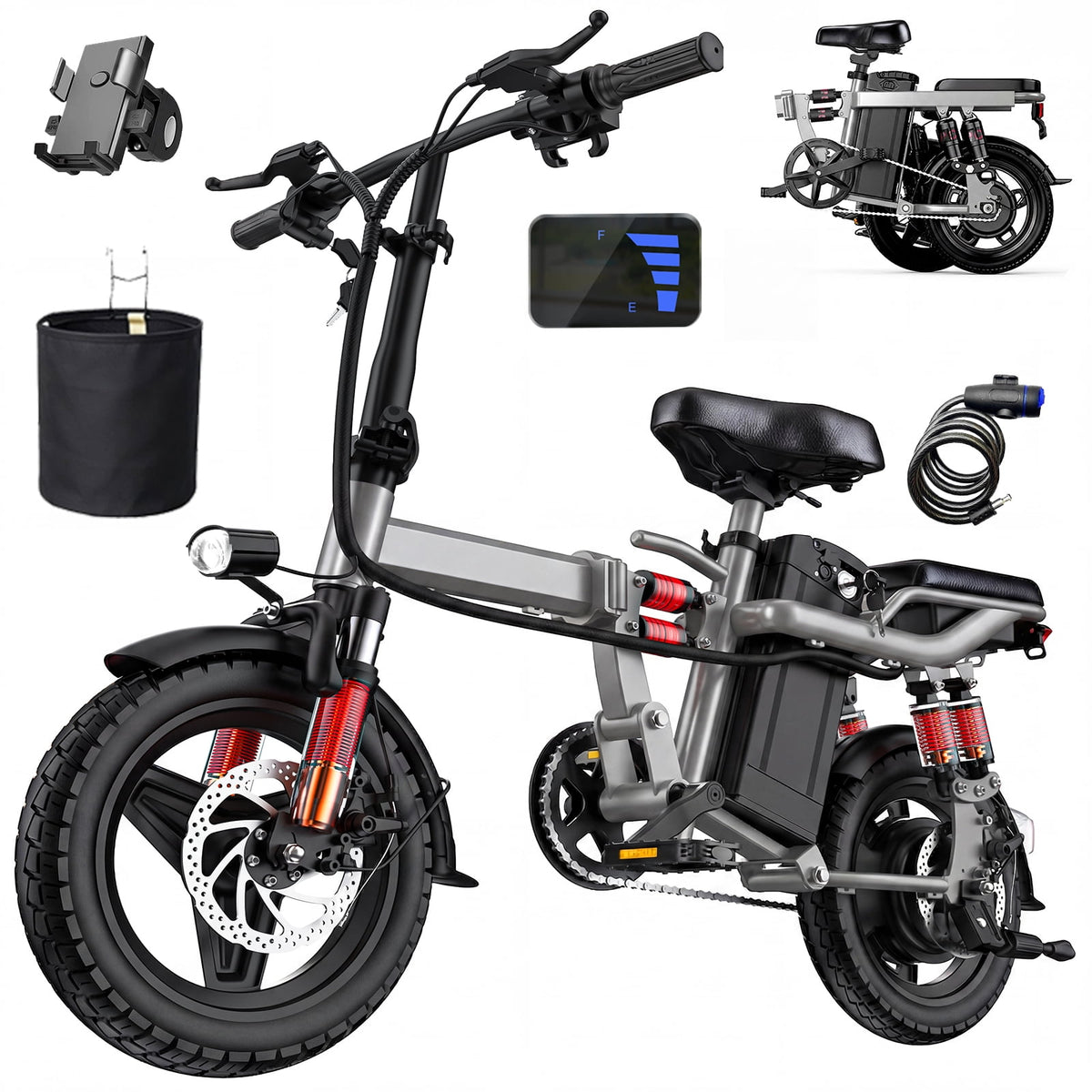 14 In Adult Folding Electric Bike - 48V 740W Peak Motor, 15Ah Battery, With 11 Shock Absorbers, Range Of 25-35 Miles, Maximum Load Capacity Of 330 Lbs, Portable Folding Design Black