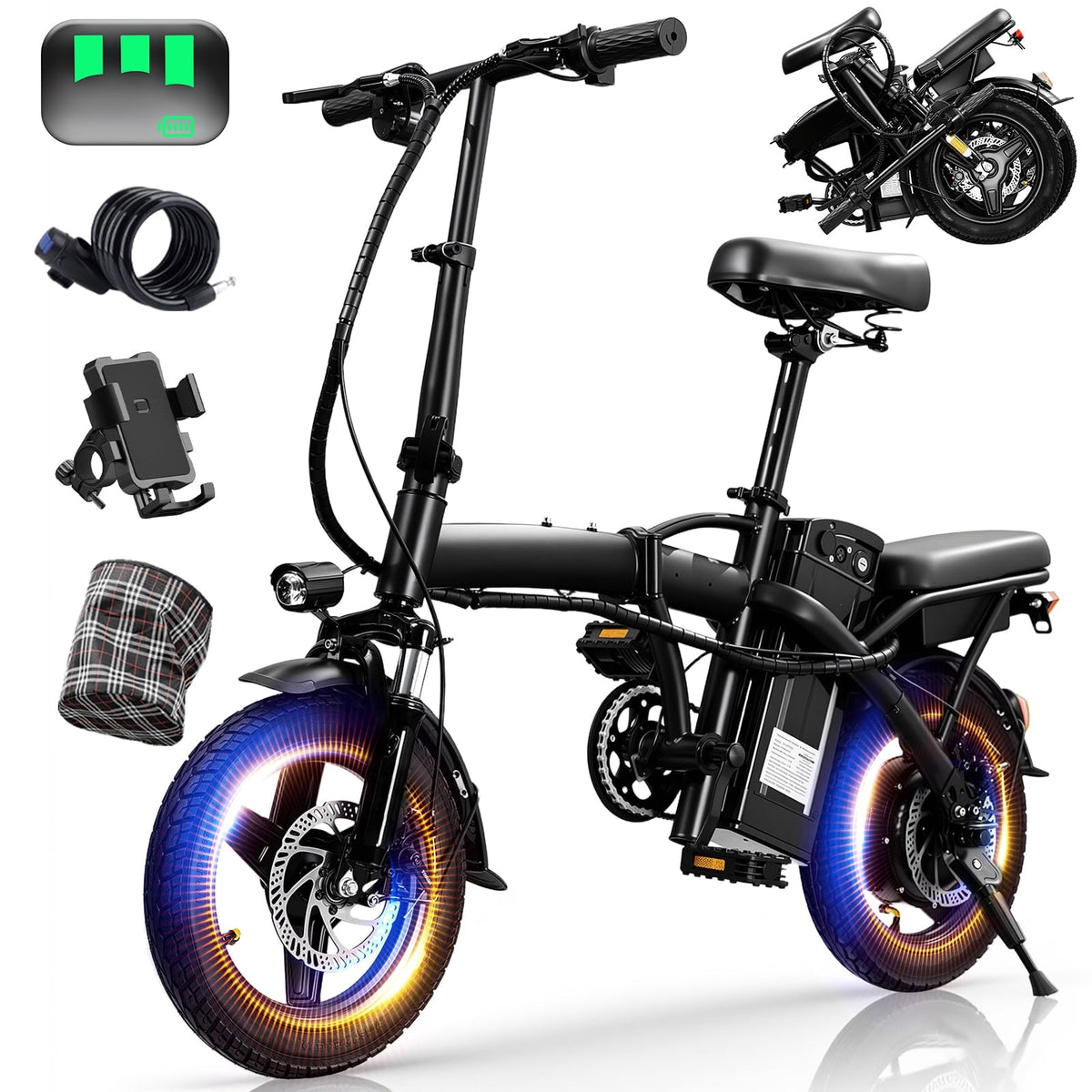 14 Inch Folding Electric Bicycle, 400W Adult Electric Bicycle, 48V 10.4Ah,Top Speed 19.9 Mph, Dual Disc Brake Safety System, 3-Speed Riding, Front Fork With Shock Absorption, Black
