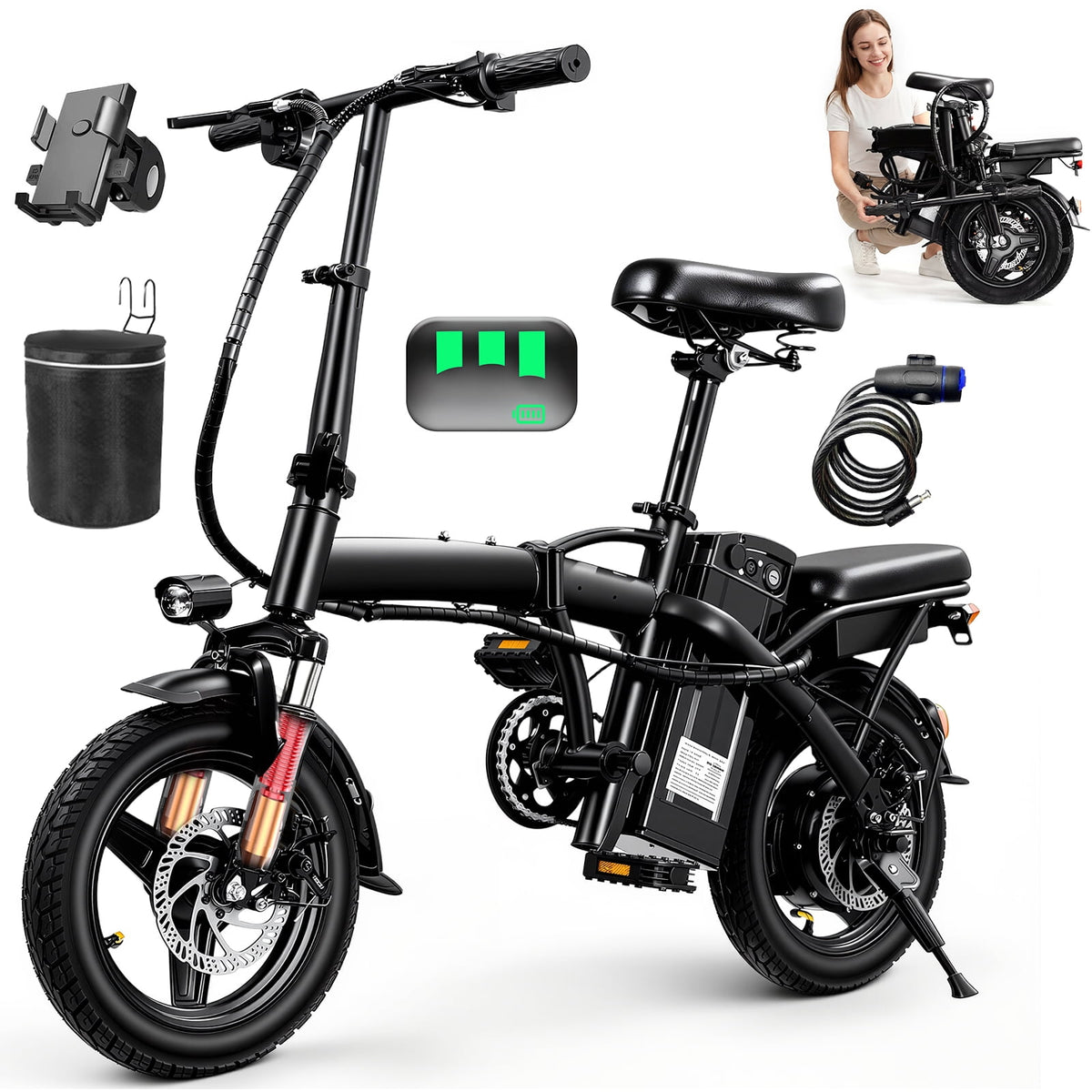 14 In Adult Folding Electric Bike - 48V 740W Peak Motor, 15Ah Battery, With 11 Shock Absorbers, Range Of 25-35 Miles, Maximum Load Capacity Of 330 Lbs, Portable Folding Design Black