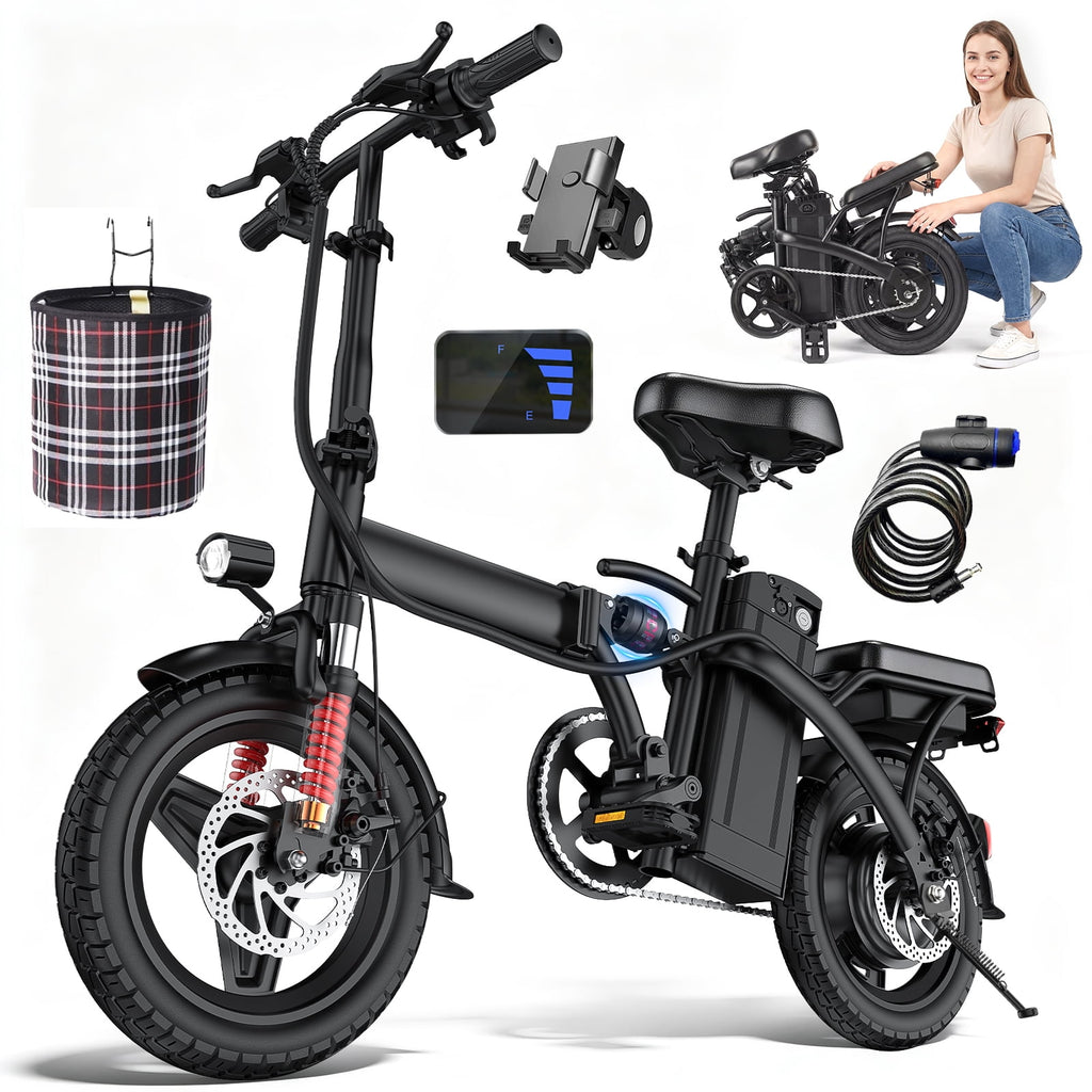 14 Inch Folding Electric Bicycle, 400W Adult Electric Bicycle, 48V 10.4Ah,Top Speed 19.9 Mph, Dual Disc Brake Safety System, 3-Speed Riding, Front Fork With Shock Absorption, Black