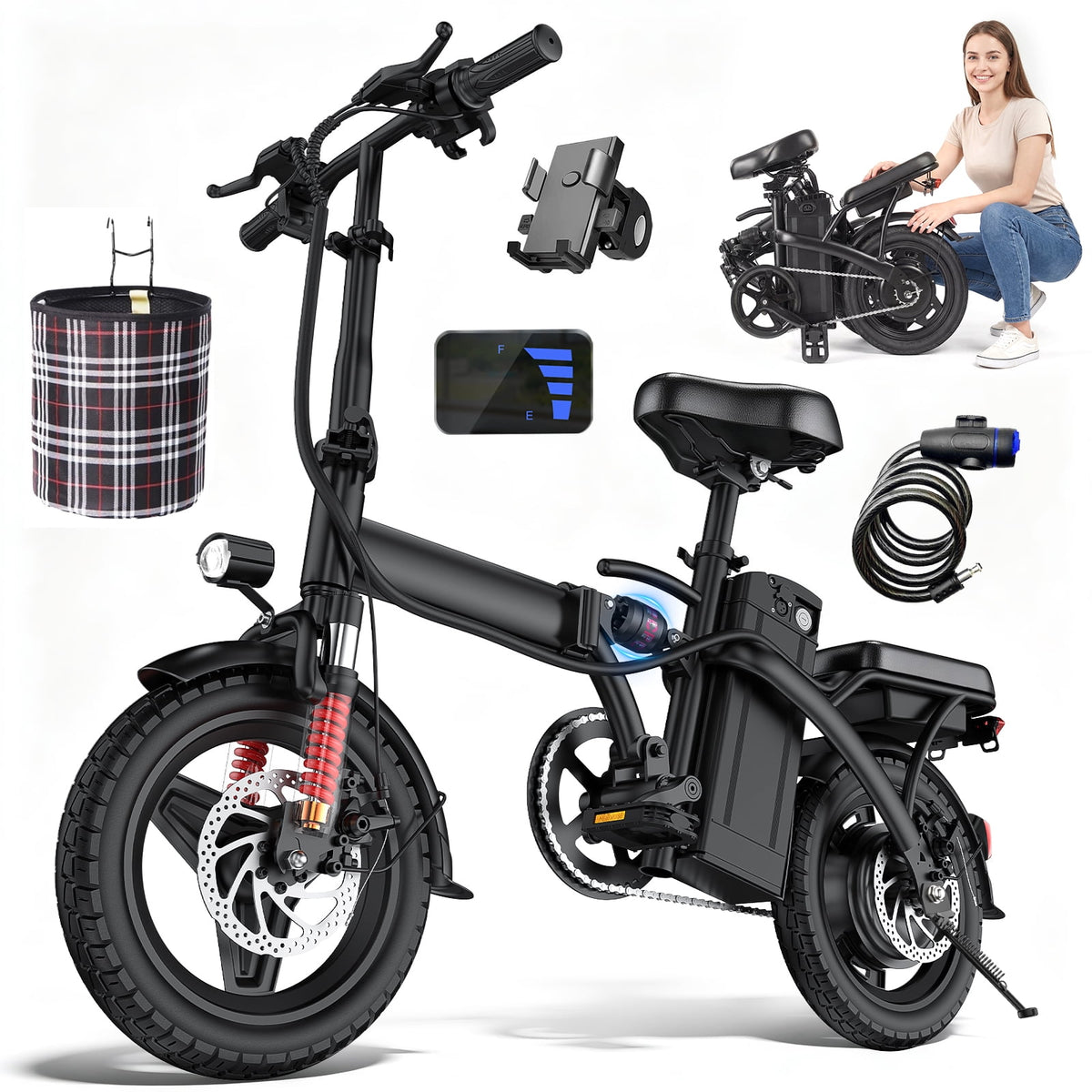 14 In Adult Folding Electric Bike - 48V 740W Peak Motor, 15Ah Battery, With 11 Shock Absorbers, Range Of 25-35 Miles, Maximum Load Capacity Of 330 Lbs, Portable Folding Design Black