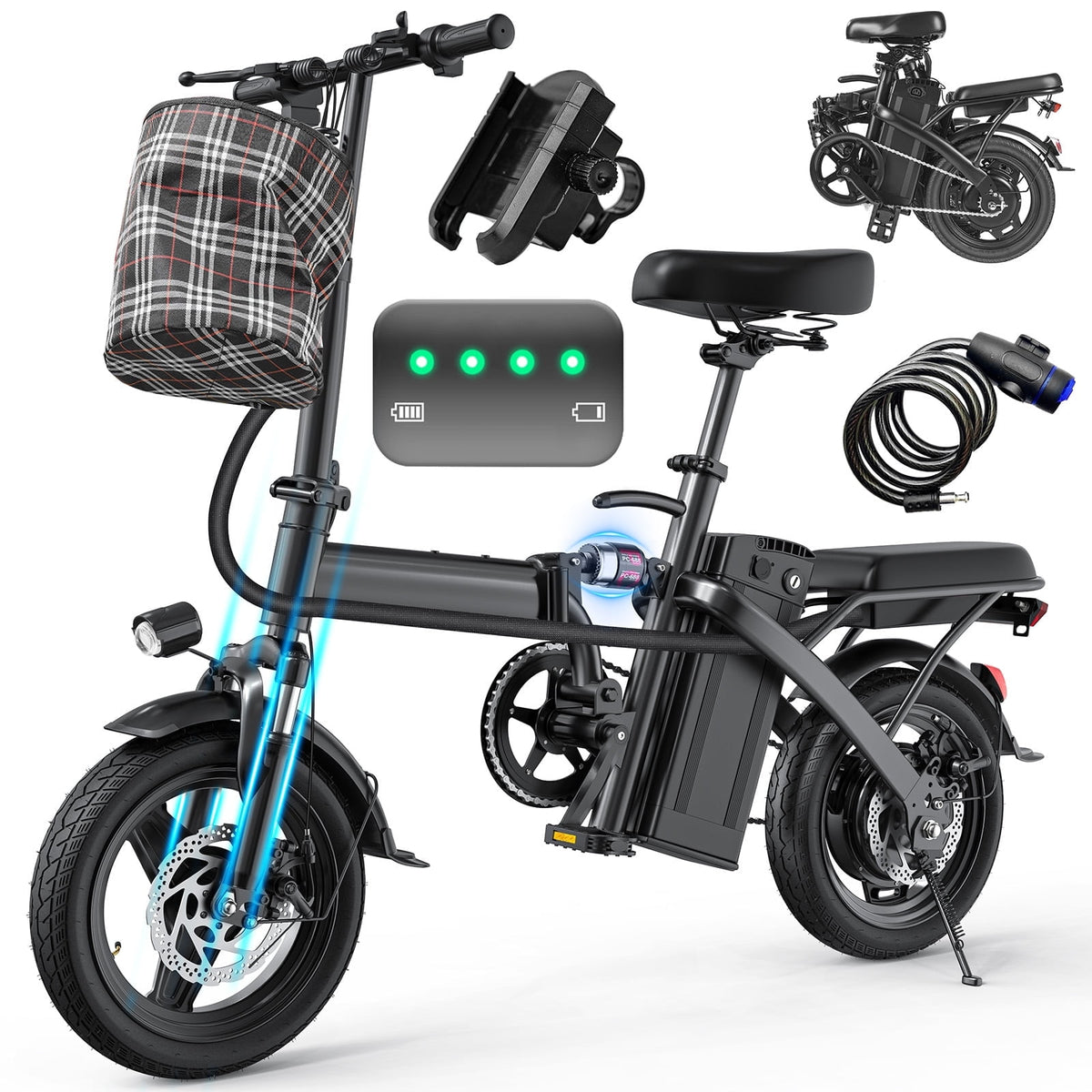 14 In Adult Folding Electric Bike - 48V 740W Peak Motor, 15Ah Battery, With 11 Shock Absorbers, Range Of 25-35 Miles, Maximum Load Capacity Of 330 Lbs, Portable Folding Design Black