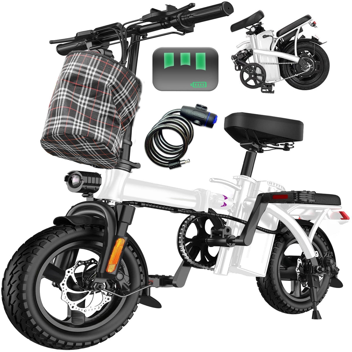 14 Inch Folding Electric Bicycle, 400W Adult Electric Bicycle, 48V 10.4Ah,Top Speed 19.9 Mph, Dual Disc Brake Safety System, 3-Speed Riding, Front Fork With Shock Absorption, Black