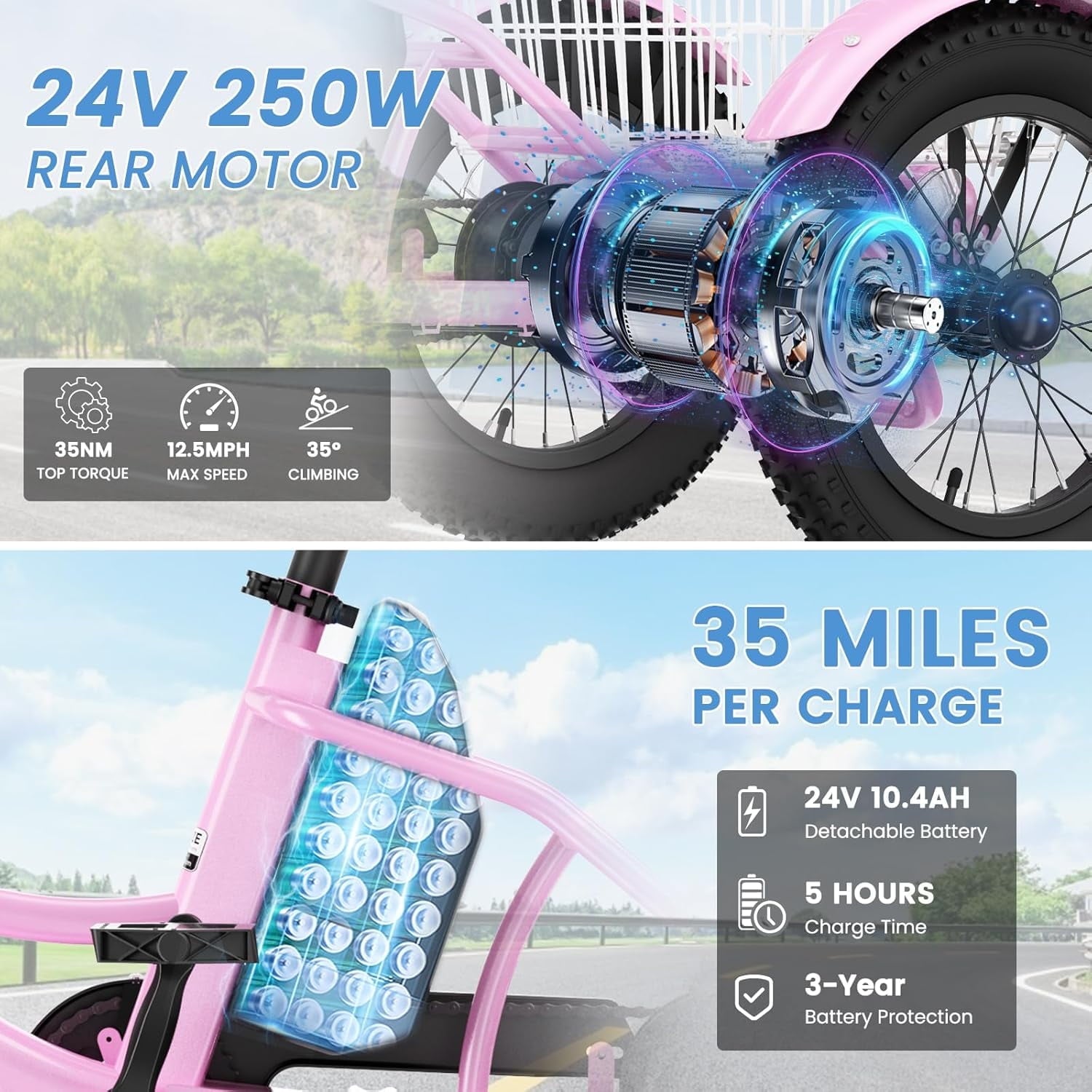 MOONCOOL Electric Tricycle for Kids ,16x3 3 Wheel 250W 10.4Ah Etrike W/ LED headlight & Rear Basket & horn bell & DIY stickers，6/9/12.5 MPH