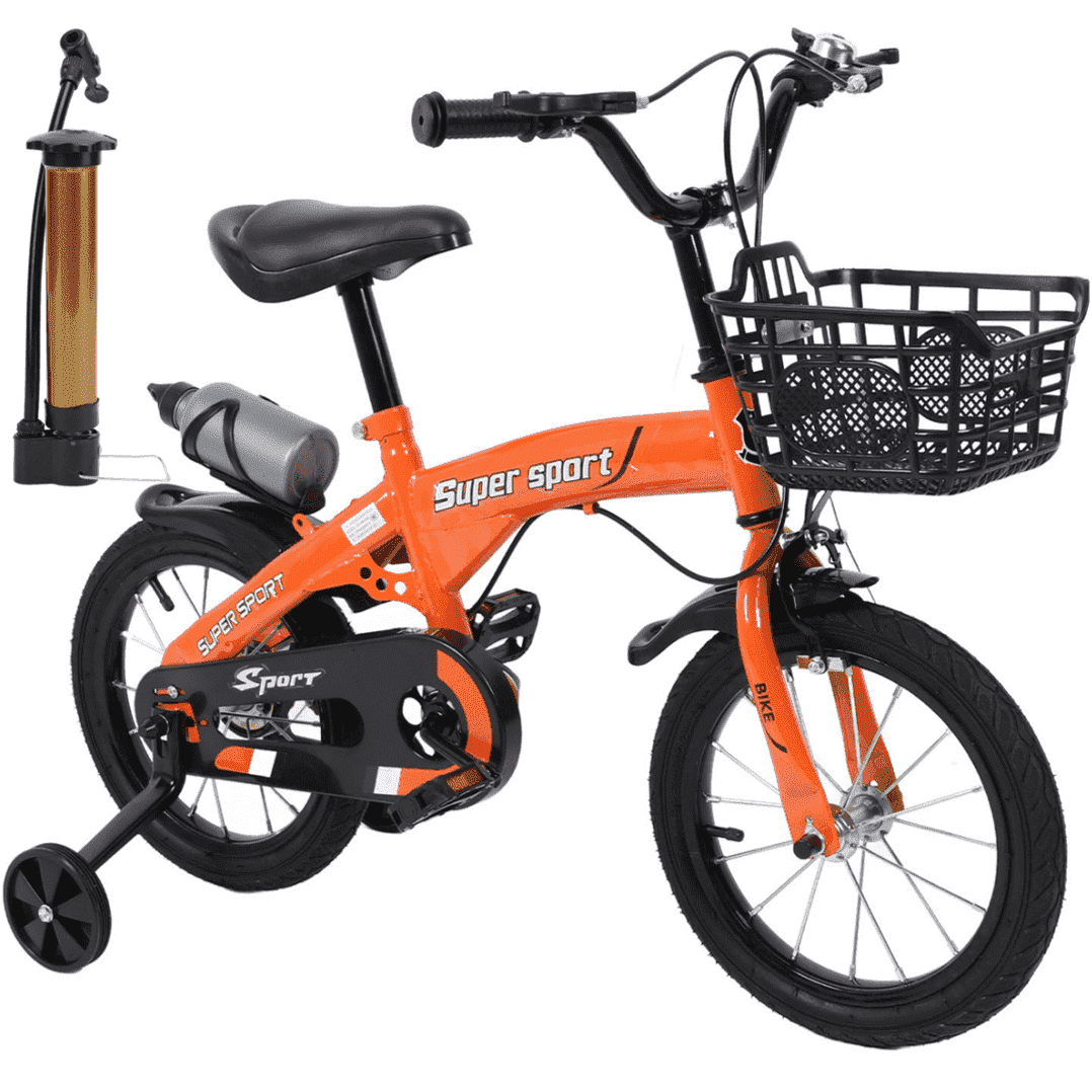 16 Kids Bike with Training Wheels, Height Adjustable Kid's Bicycle with Basket/Water Bottle/Inflator/Bell, Gifts for Girls Boys Toddlers Kids 3-8 YO