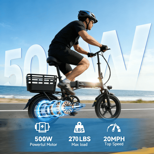 14 Folding Electric Bicycles with 500W Peak Motor,35 Miles 20MPH 432WH Integrated Battery ,Ebike for Adults with Basket,UL2849