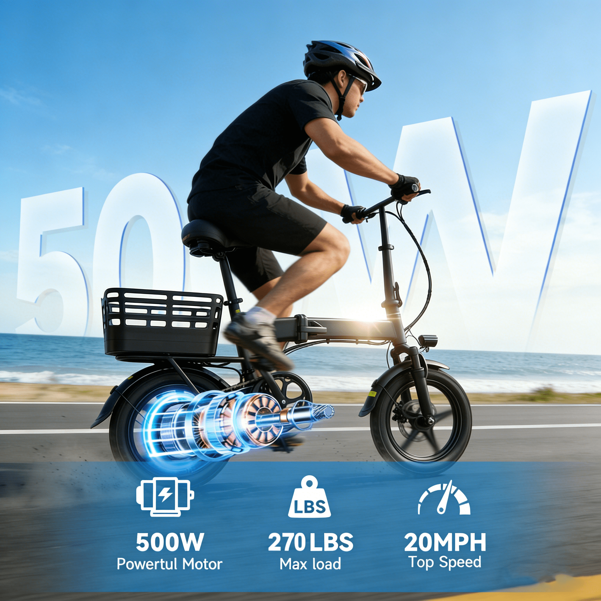 OwnGold 14IN Folding Electric Bicycles for Adults Teens with Basket,500W Peak Motor Up to 20 mph Range 30 Miles,36V 12Ah Removable Battery,Commuter/Shopping Mini Ebike,UL 2849