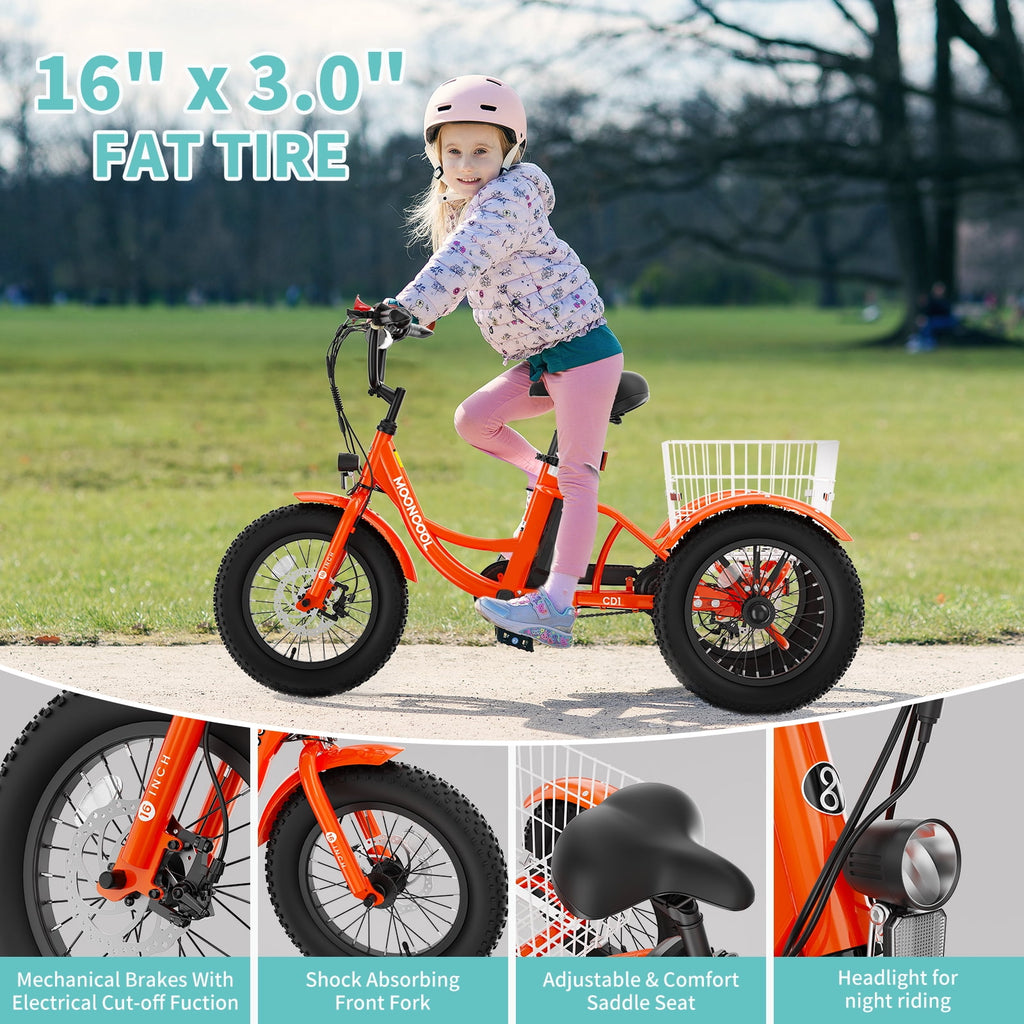 MOONCOOL Electric Tricycle for Kids ,16x3 3 Wheel 250W 10.4Ah Etrike W/ LED headlight & Rear Basket & horn bell & DIY stickers，6/9/12.5 MPH