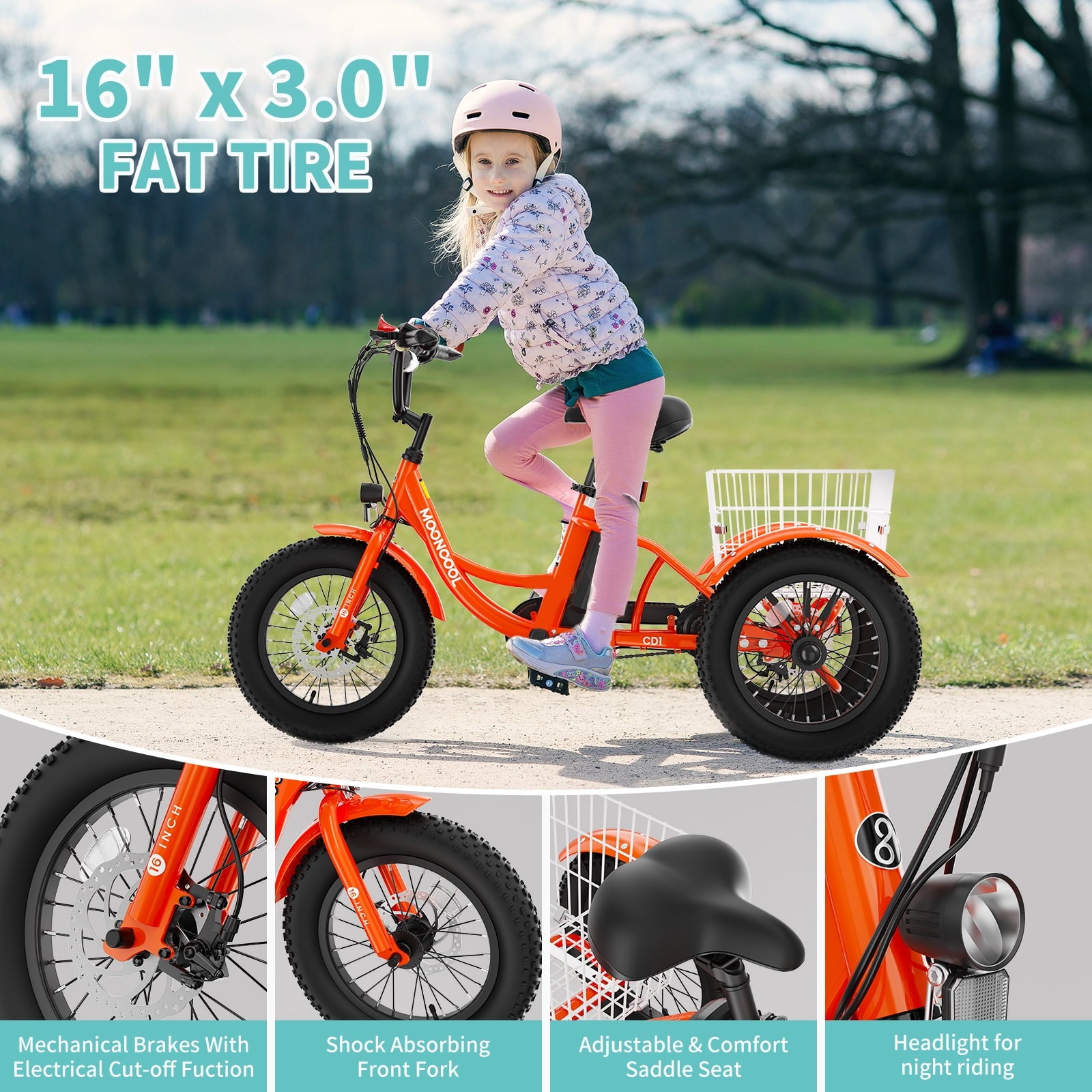 MOONCOOL Electric Tricycle for Kids ,16x3 3 Wheel 250W 10.4Ah Etrike W/ LED headlight & Rear Basket & horn bell & DIY stickers，6/9/12.5 MPH