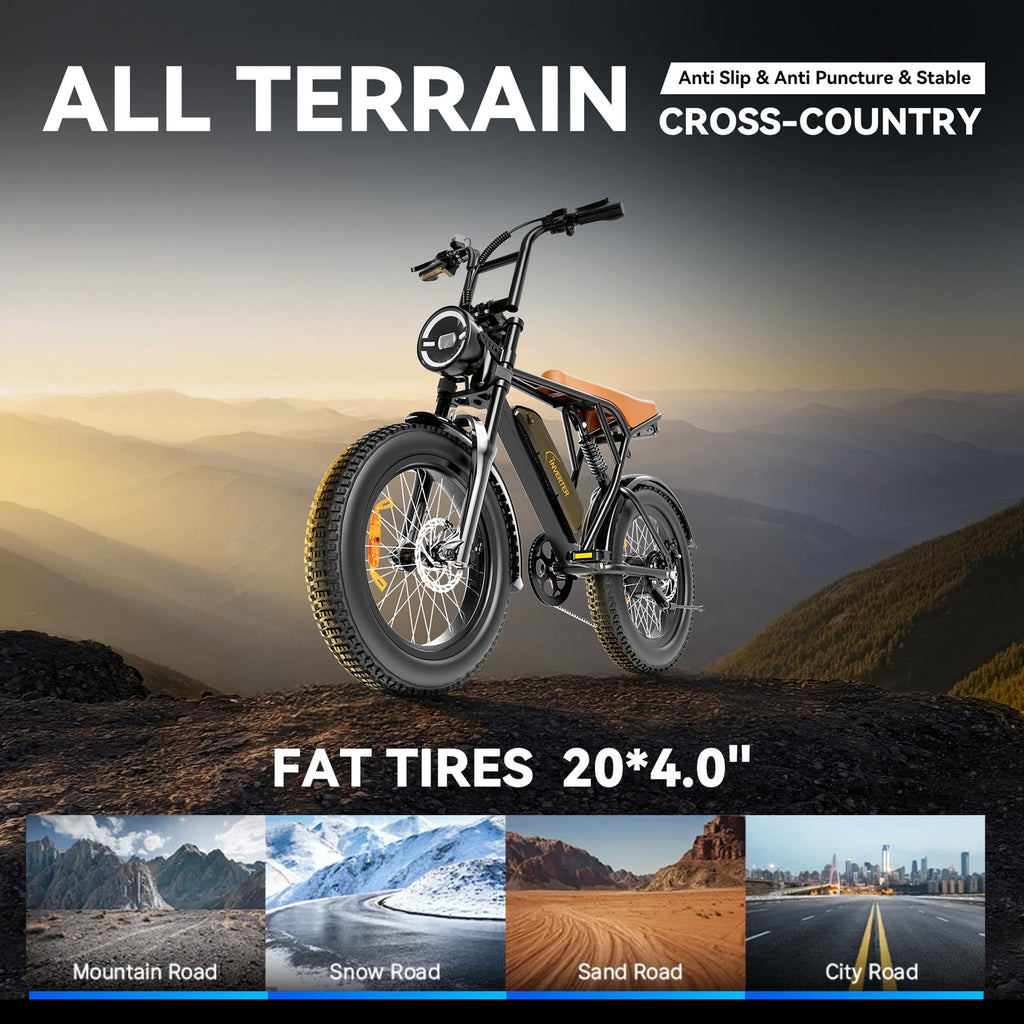 C INVERTER 20 x 4 Fat Tire Electric Bike for Adults, Peak 1100W Motor Retro Ebike Mountain Bike, 48V 14.5 Ah Removable Battery, Max Speed 28 Mph Electric Bicycle Snow Bike