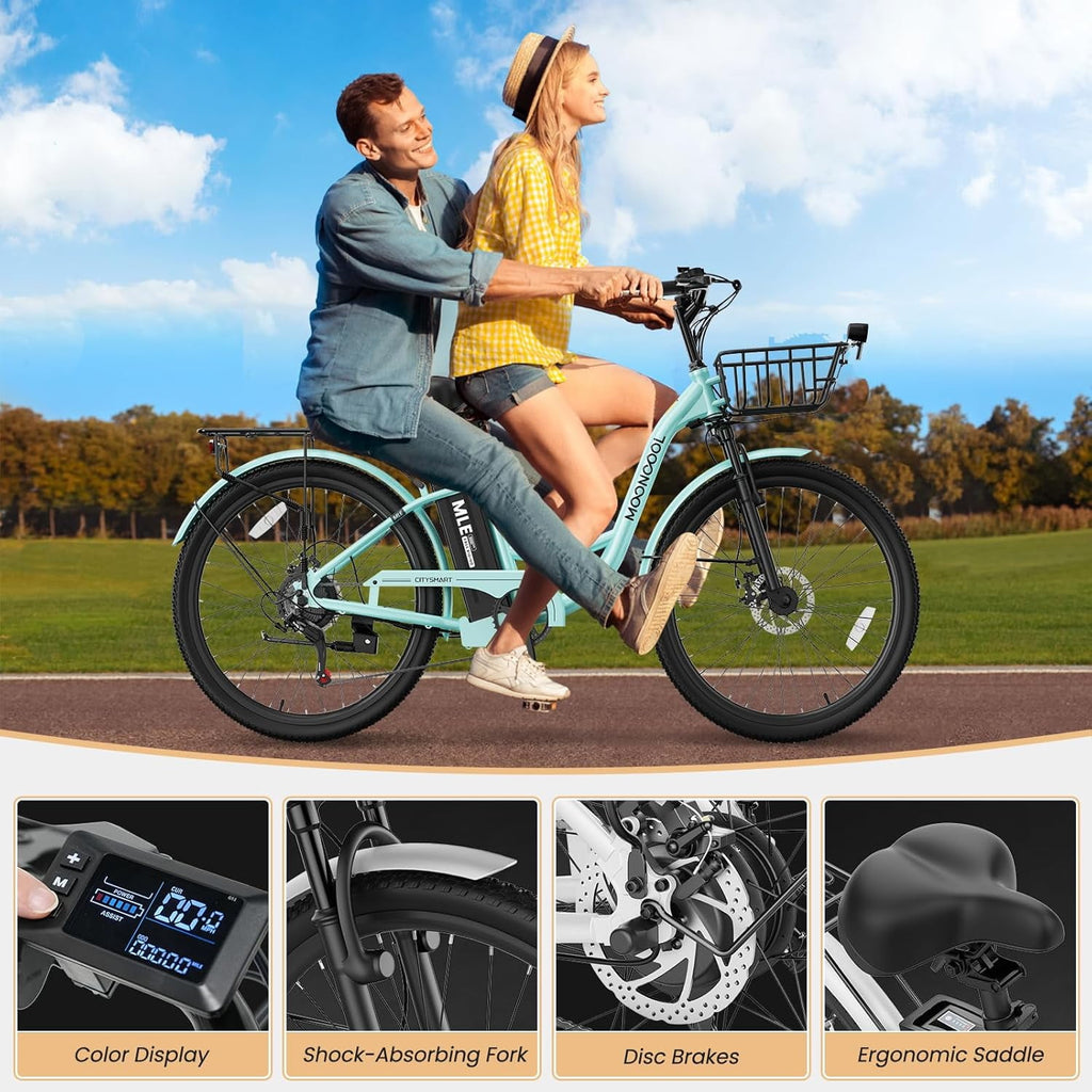 MOONCOOL Electric Bicycle for Adults 350W , 7-Speed Ebike with 36V 10.4Ah Removable Battery， 40 Miles Range , 20 mph Electric Commuter Bike for Women Men