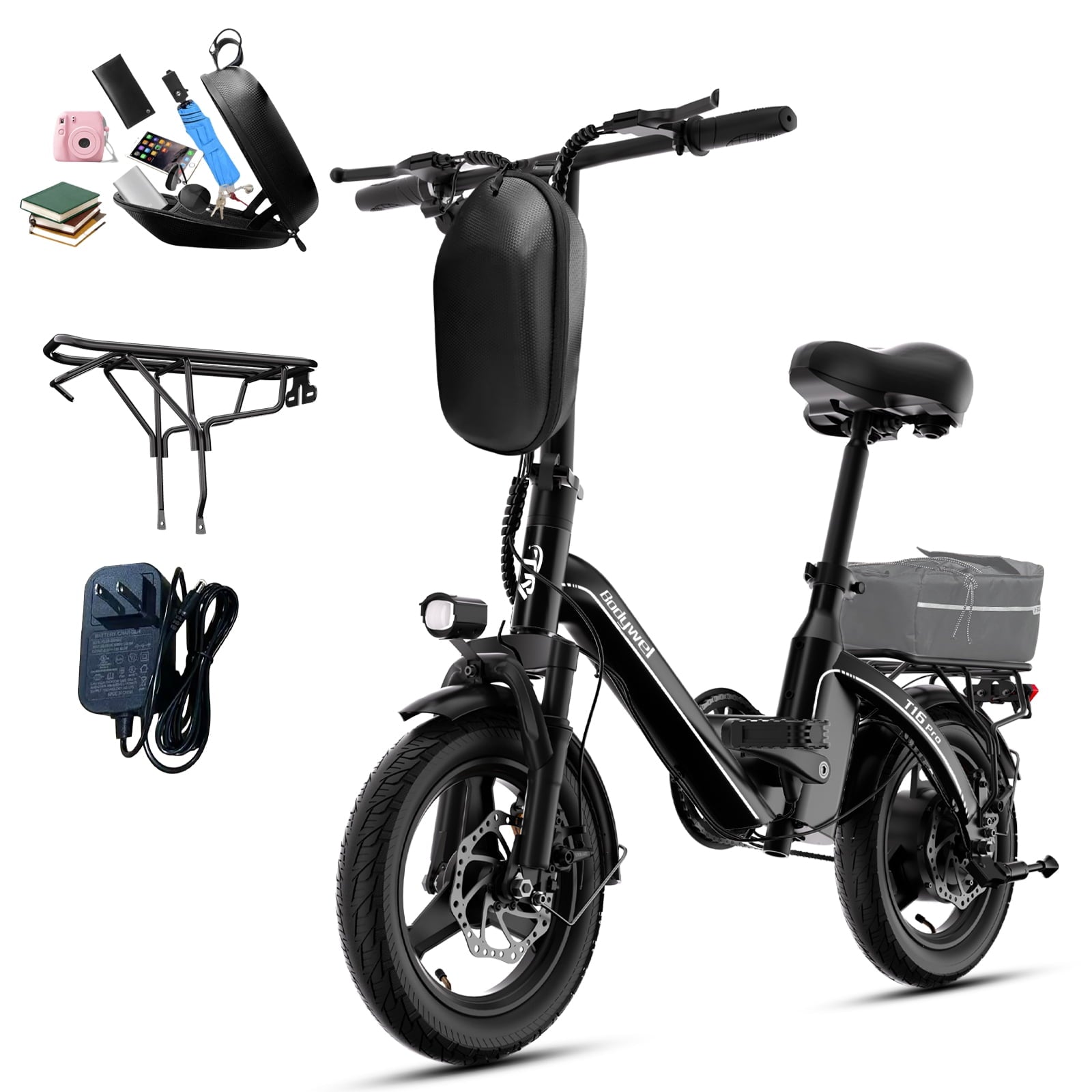 Bodywel Foldable Electric Bike for Adults and Teens, 14 Electric Bicycle with Peak 500W Motor, 36V 10Ah Battery, Commuting Mini Ebike, E Bike, UL2849