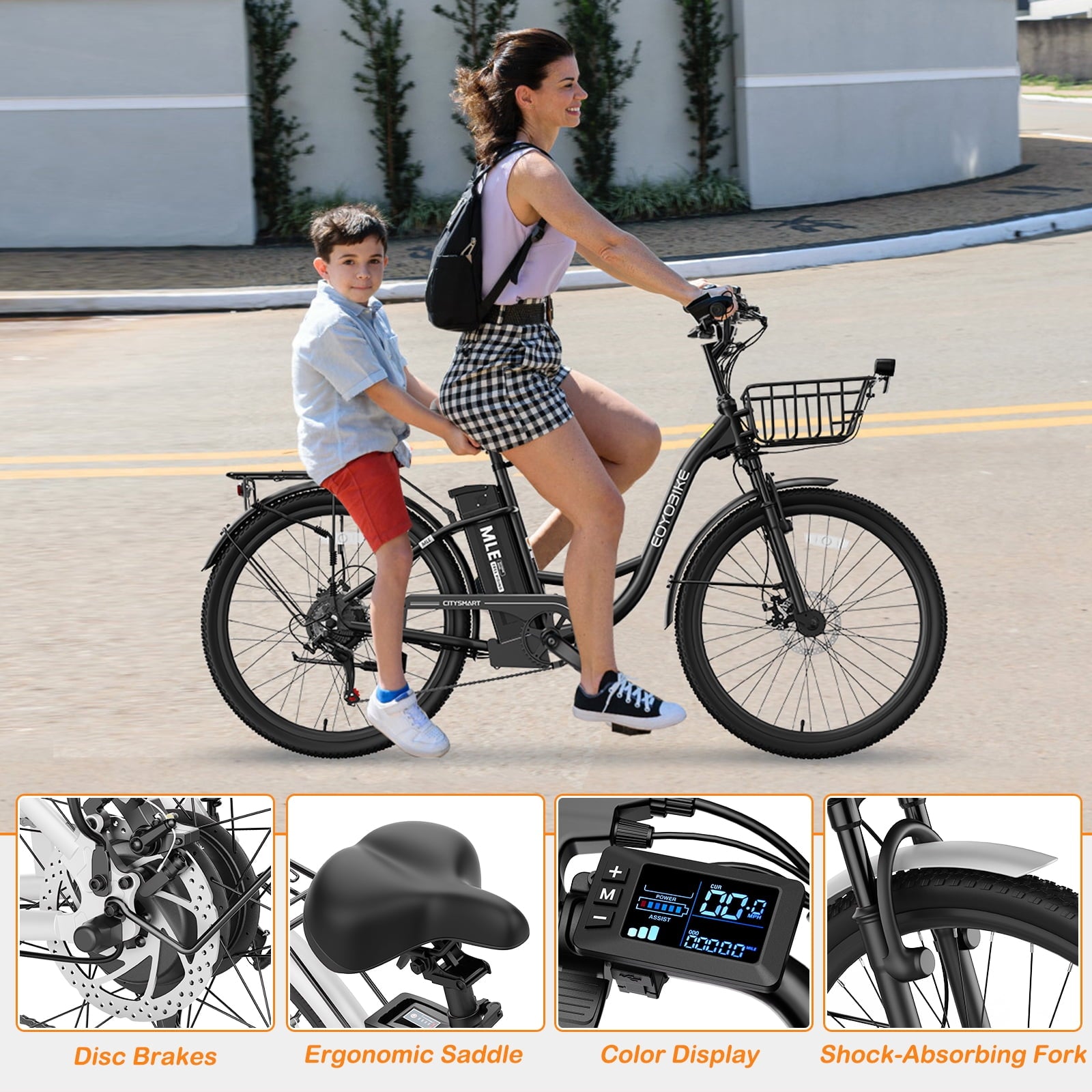 MOONCOOL Electric Bicycle for Adults 350W , 7-Speed Ebike with 36V 10.4Ah Removable Battery， 40 Miles Range , 20 mph Electric Commuter Bike for Women Men