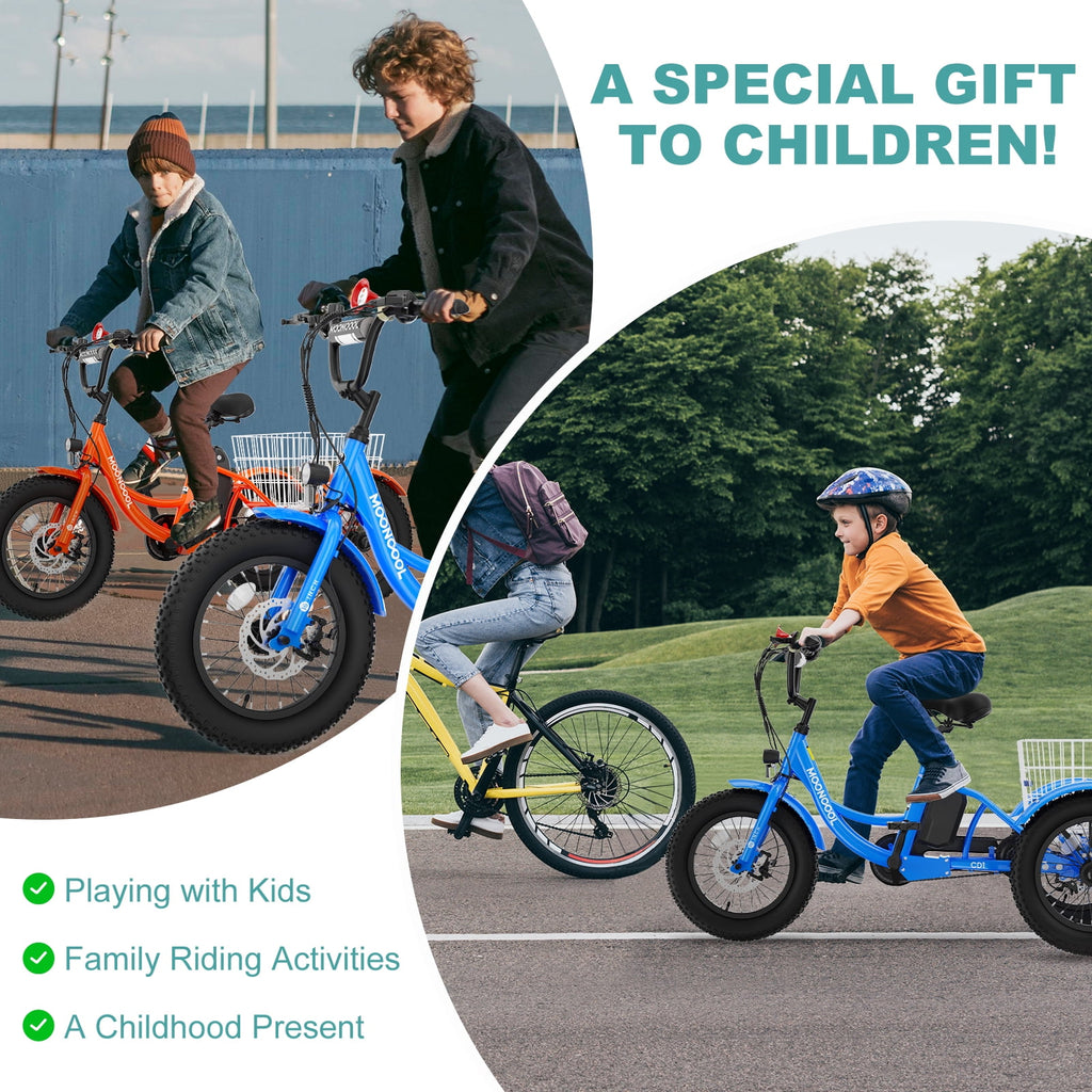 MOONCOOL Electric Tricycle for Kids ,16x3 3 Wheel 250W 10.4Ah Etrike W/ LED headlight & Rear Basket & horn bell & DIY stickers，6/9/12.5 MPH