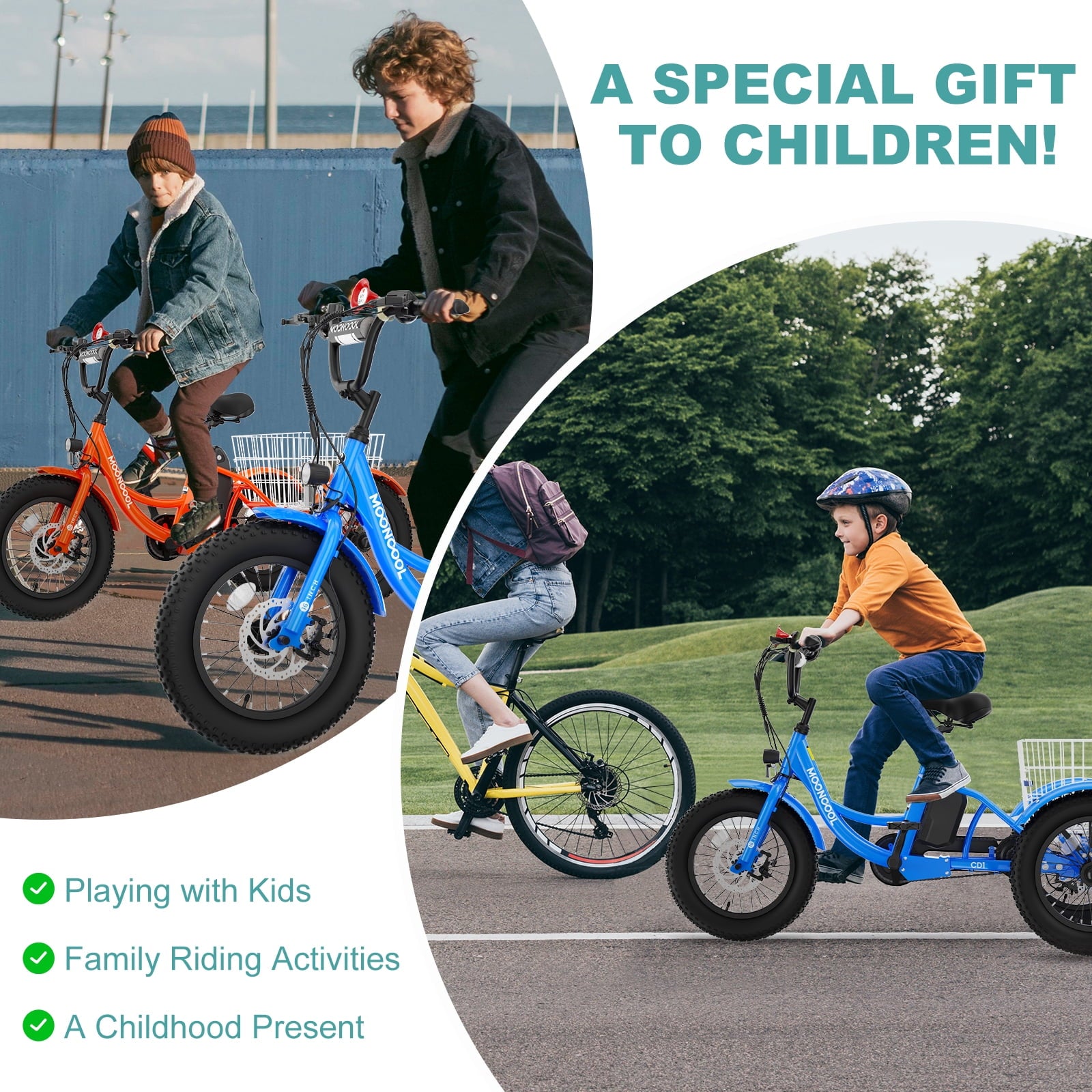 MOONCOOL Electric Tricycle for Kids ,16x3 3 Wheel 250W 10.4Ah Etrike W/ LED headlight & Rear Basket & horn bell & DIY stickers，6/9/12.5 MPH