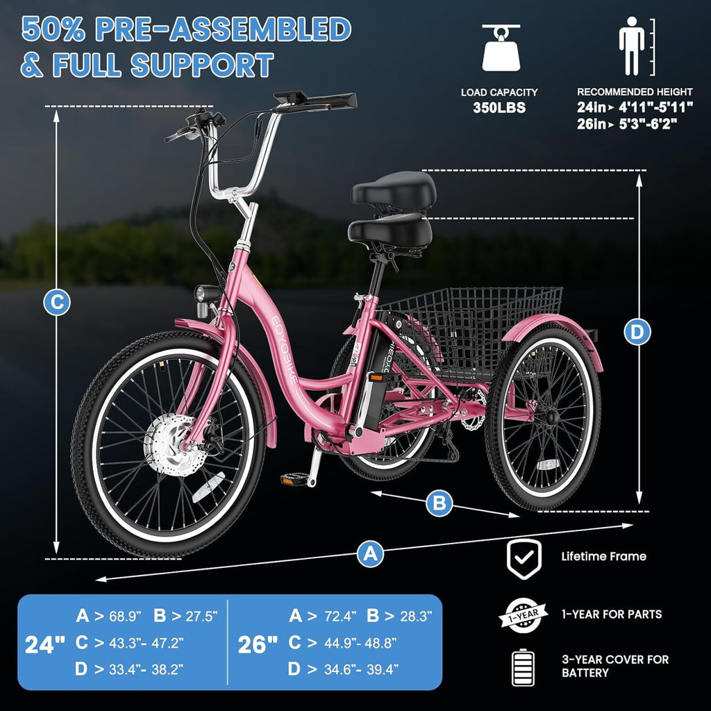 MOONCOOL Electric Trike for Adults w/ Rearview Mirror kit, 700W Peak Motor 10.4Ah battery，24/26 7 Speeds 3 Wheels Low Step Through Unisex Electric Trikes，35-60Miles