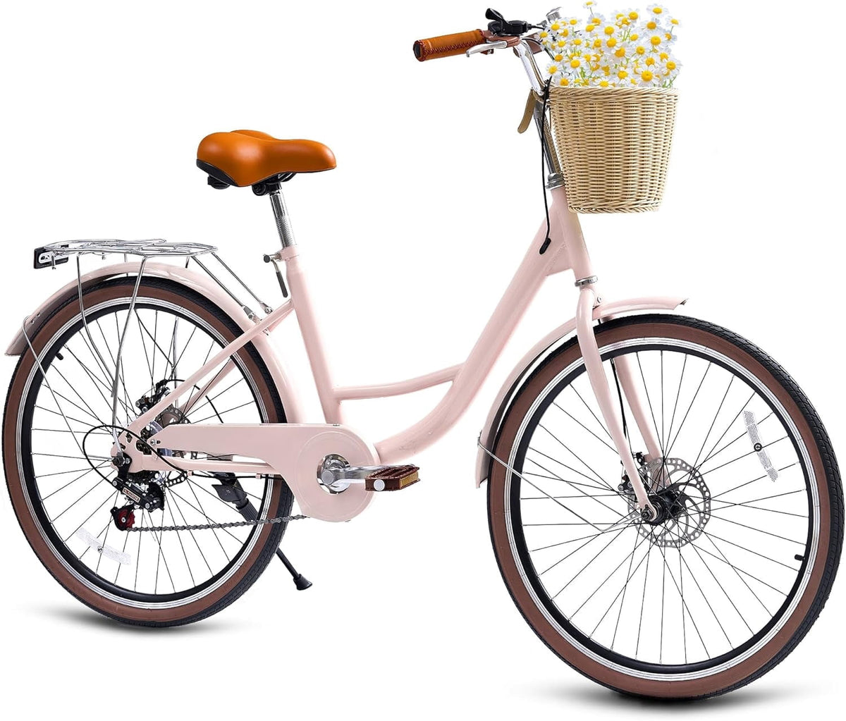 24 Beach Cruisers for Women, Pipleo Bikes for Women with Rattan Basket, 7-Speed & Step-Through Frame