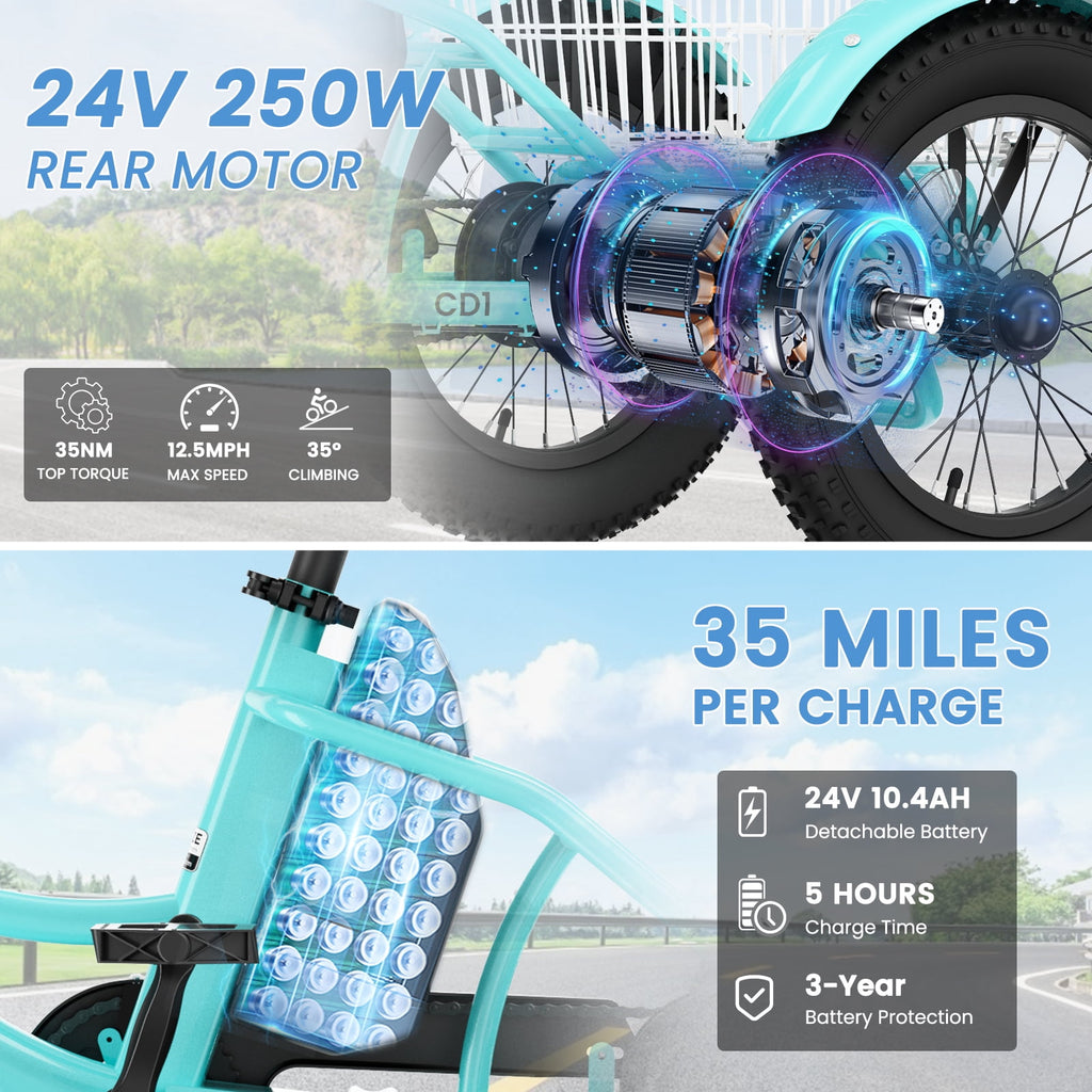 MOONCOOL Electric Tricycle for Kids ,16x3 3 Wheel 250W 10.4Ah Etrike W/ LED headlight & Rear Basket & horn bell & DIY stickers，6/9/12.5 MPH