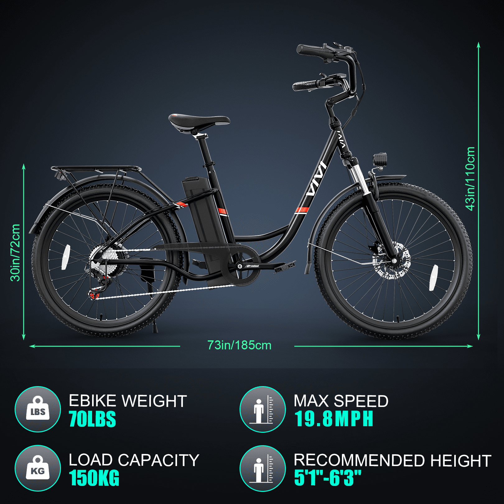 Vivi 26'' Electric Bike for Adults 500W Electric Bike with 48V Removable Battery, Electric Commuter Cruiser Bike 19.8MPH City Electric Bike with Cruise Control, UL2849 Certified